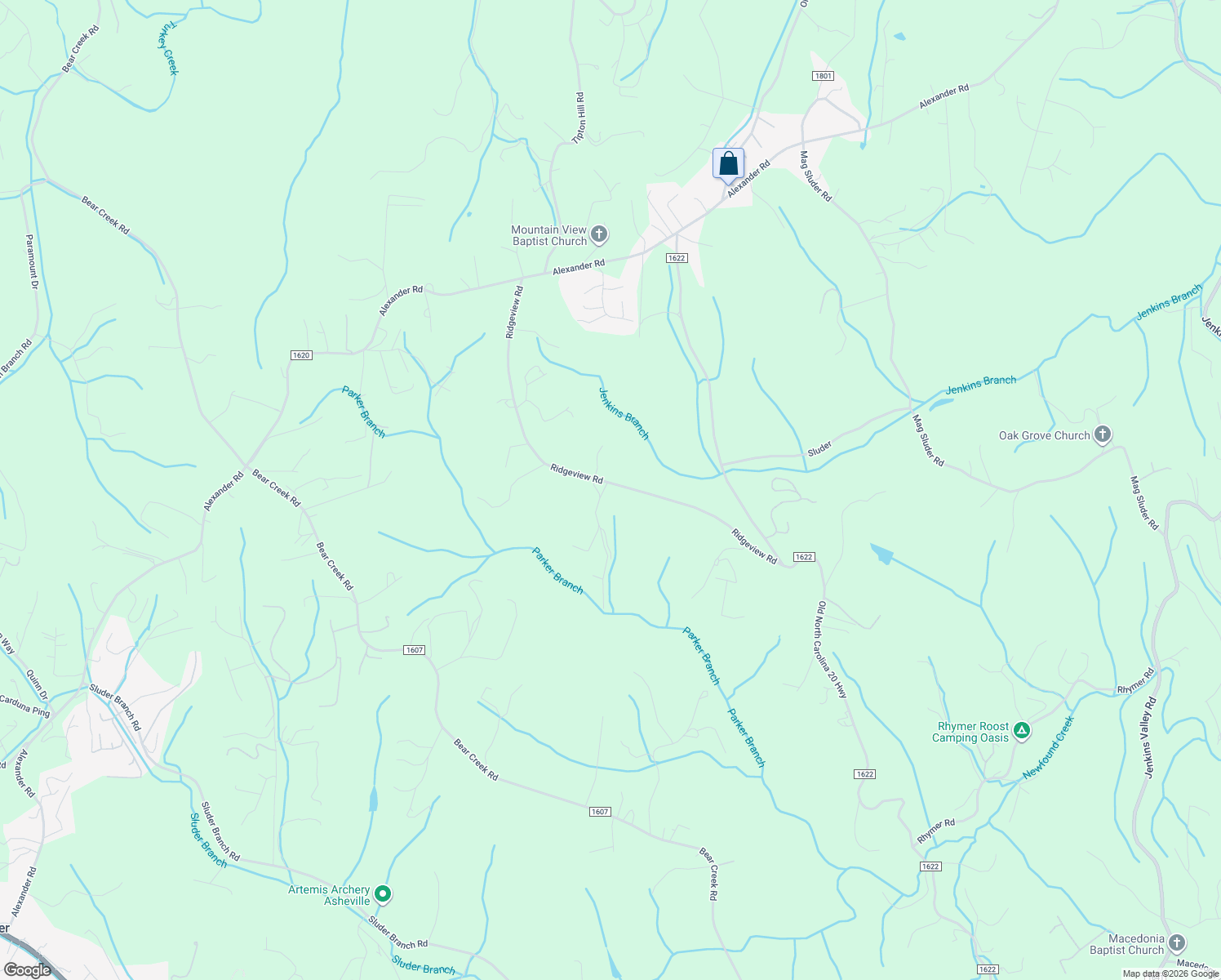 map of restaurants, bars, coffee shops, grocery stores, and more near 180 Ridgeview Road in Alexander