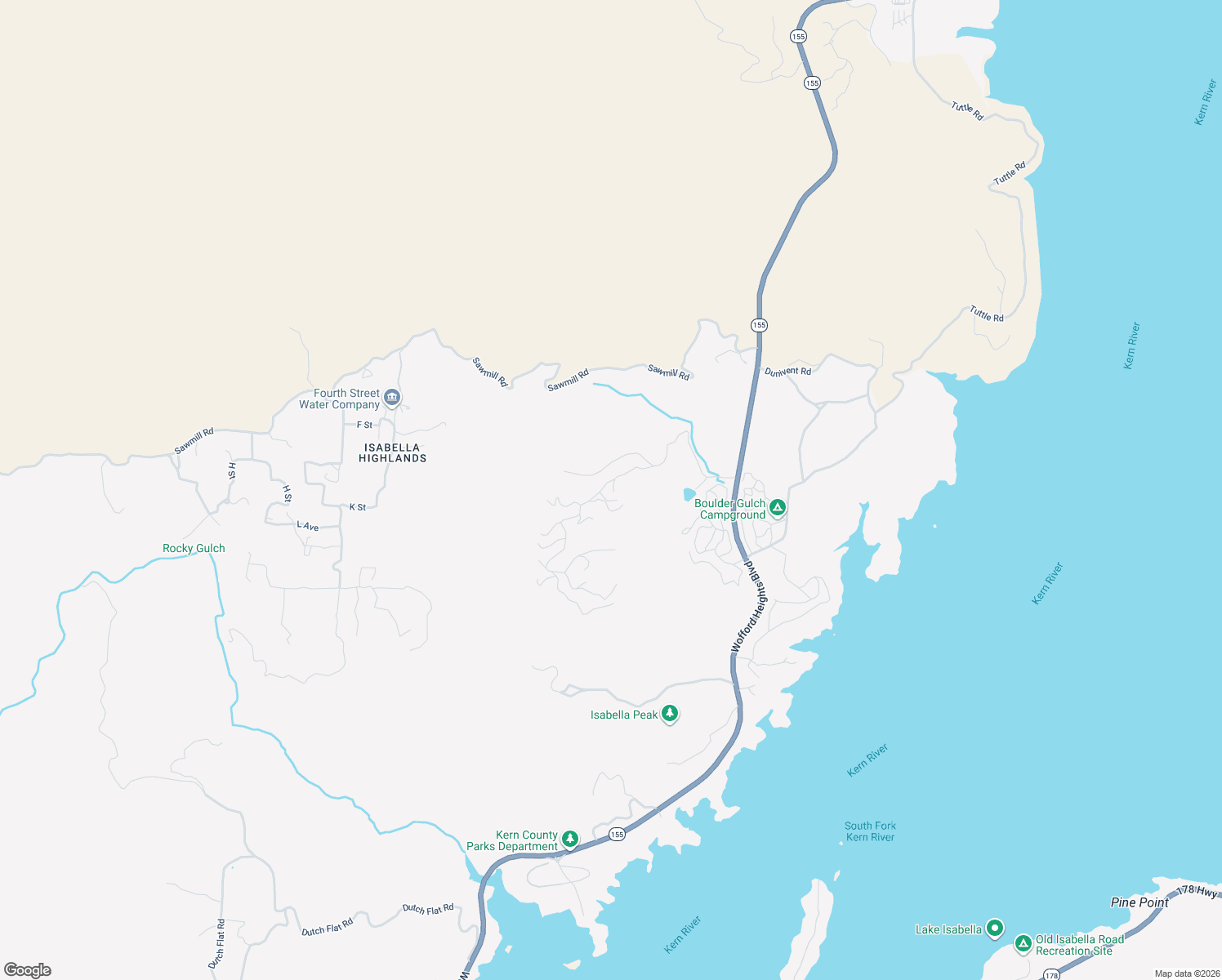 map of restaurants, bars, coffee shops, grocery stores, and more near 7130 Hungry Gulch Road in Wofford Heights