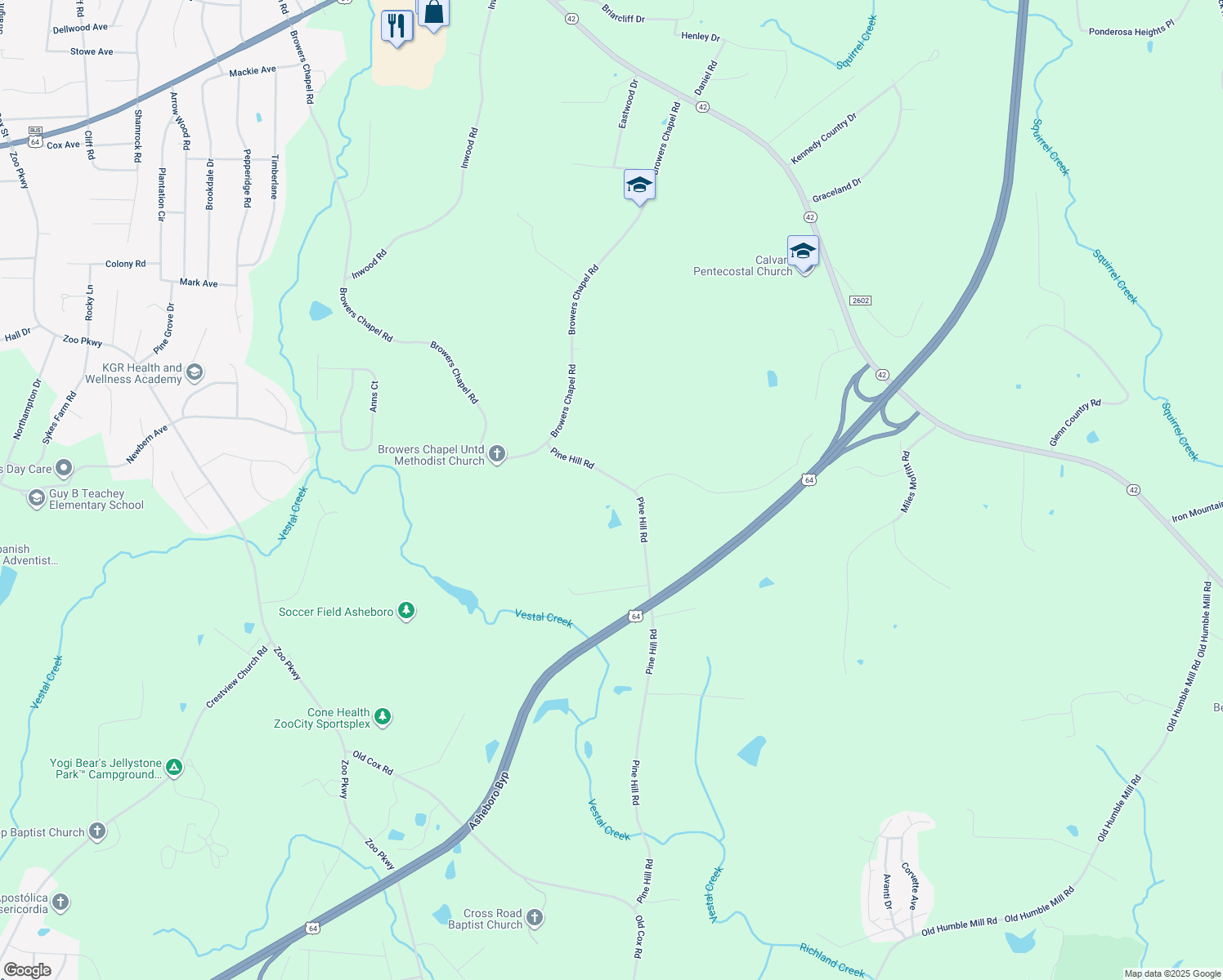 map of restaurants, bars, coffee shops, grocery stores, and more near 1022 Pine Hill Road in Asheboro