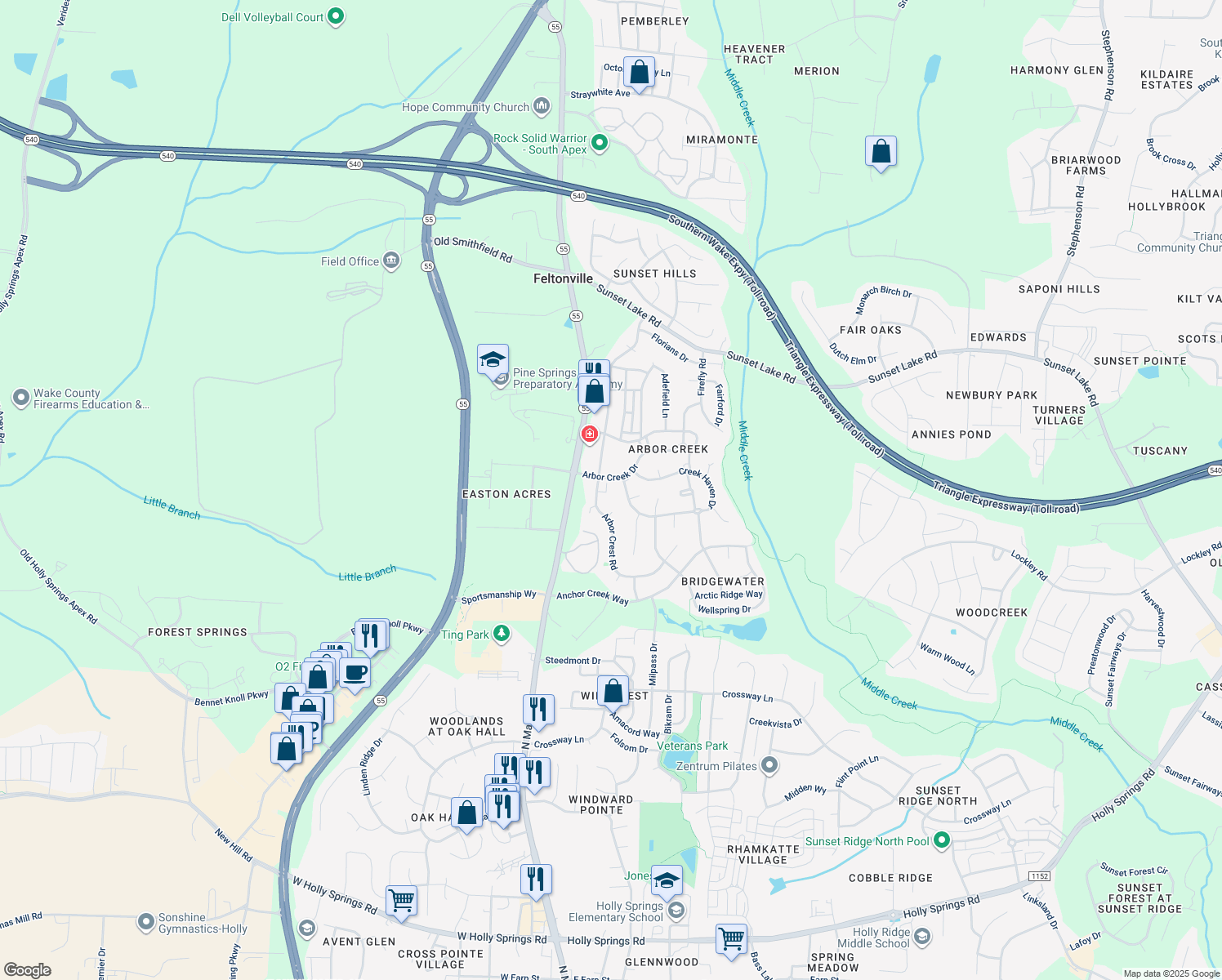 map of restaurants, bars, coffee shops, grocery stores, and more near 121 Arbor Light Road in Holly Springs
