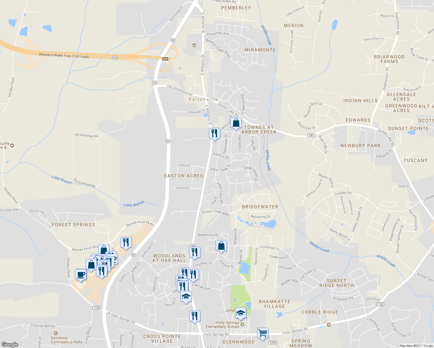 map of restaurants, bars, coffee shops, grocery stores, and more near 139 Arbor Light Road in Holly Springs