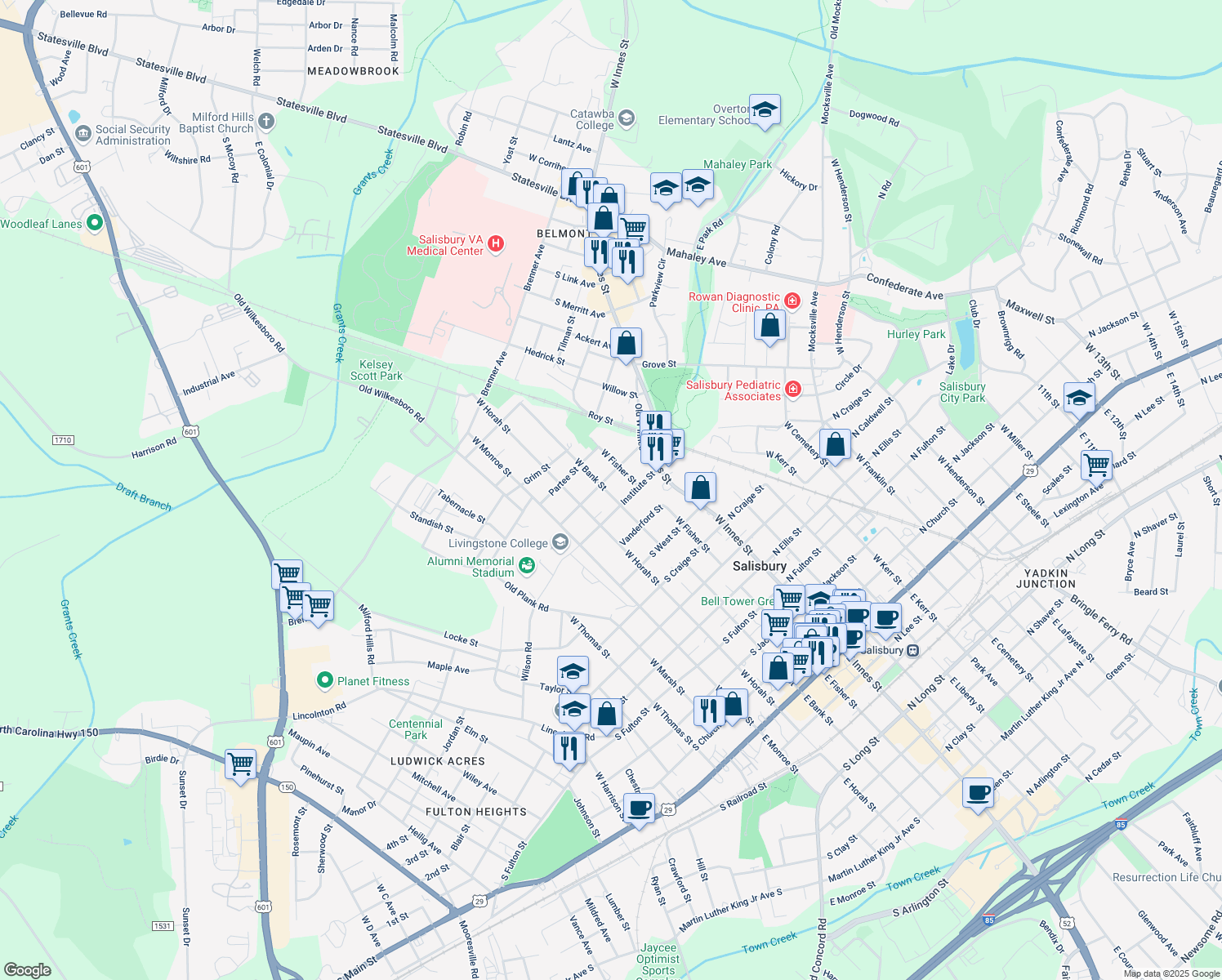 map of restaurants, bars, coffee shops, grocery stores, and more near 1014 West Bank Street in Salisbury