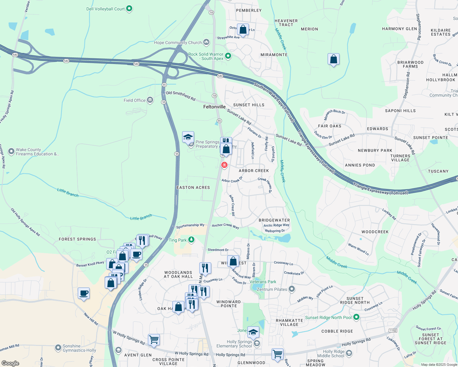 map of restaurants, bars, coffee shops, grocery stores, and more near 131 Arbor Light Road in Holly Springs