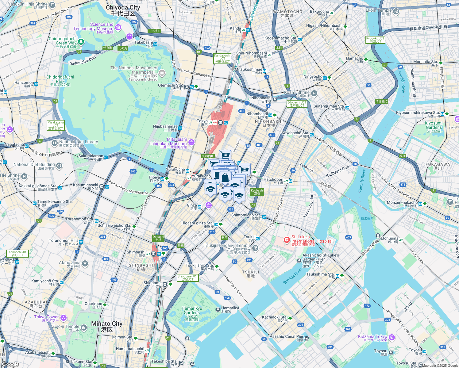map of restaurants, bars, coffee shops, grocery stores, and more near in Chuo City