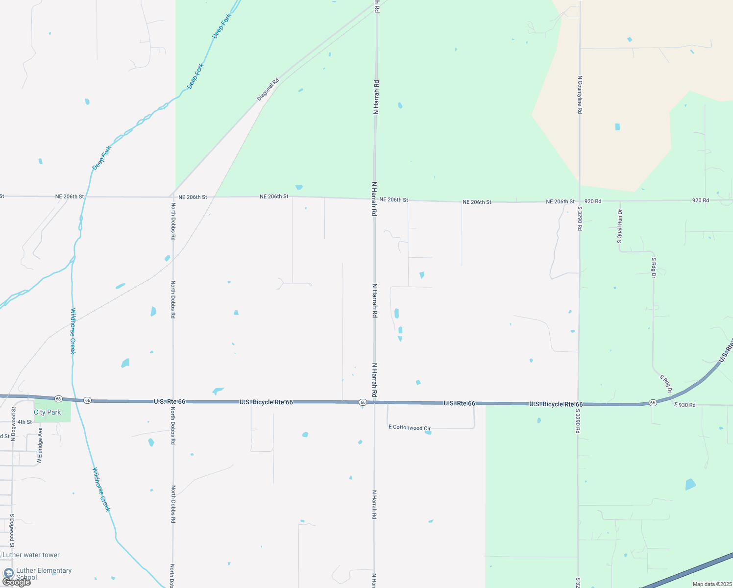 map of restaurants, bars, coffee shops, grocery stores, and more near 19901 N Harrah Rd in Luther