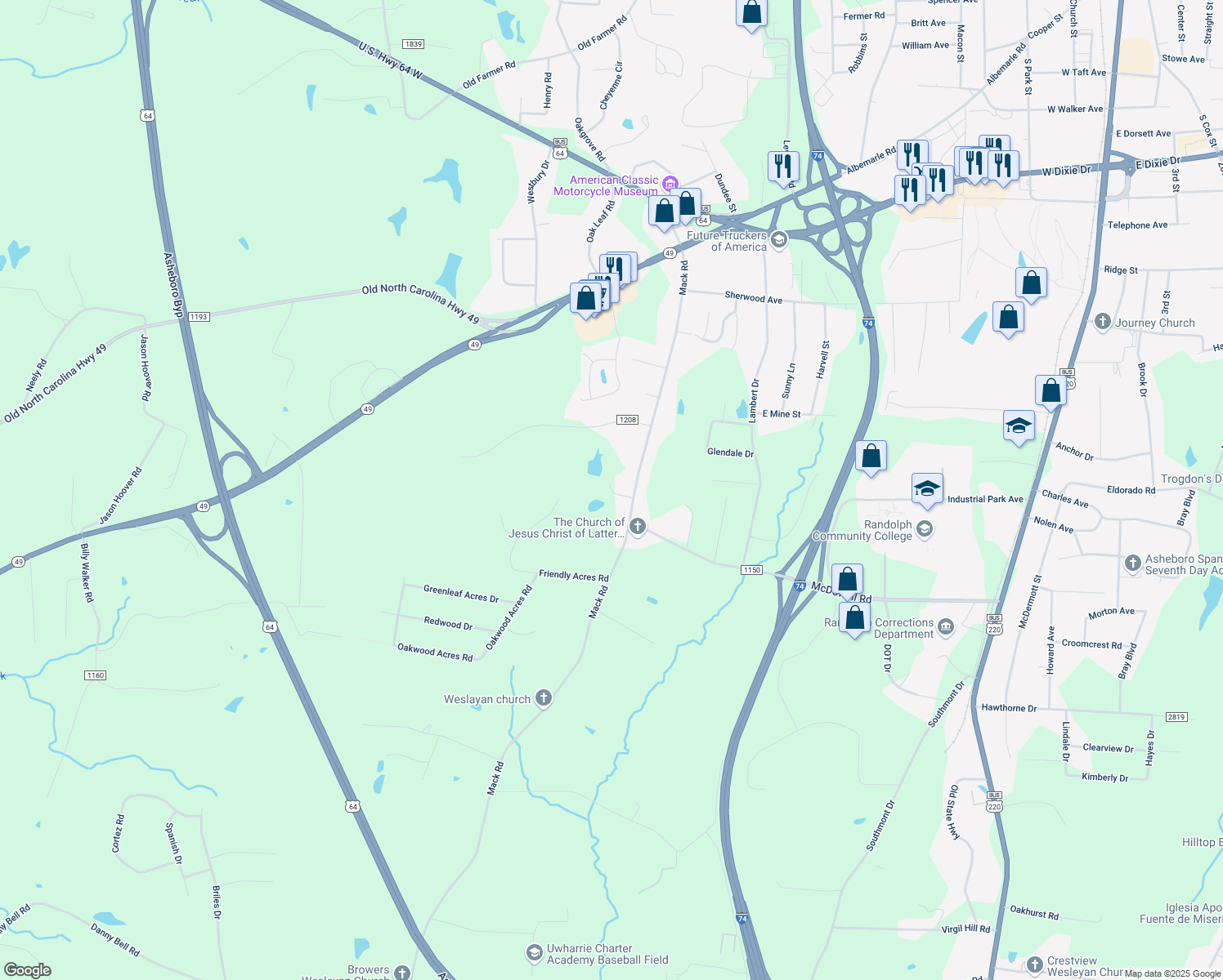 map of restaurants, bars, coffee shops, grocery stores, and more near Ethan Court in Asheboro
