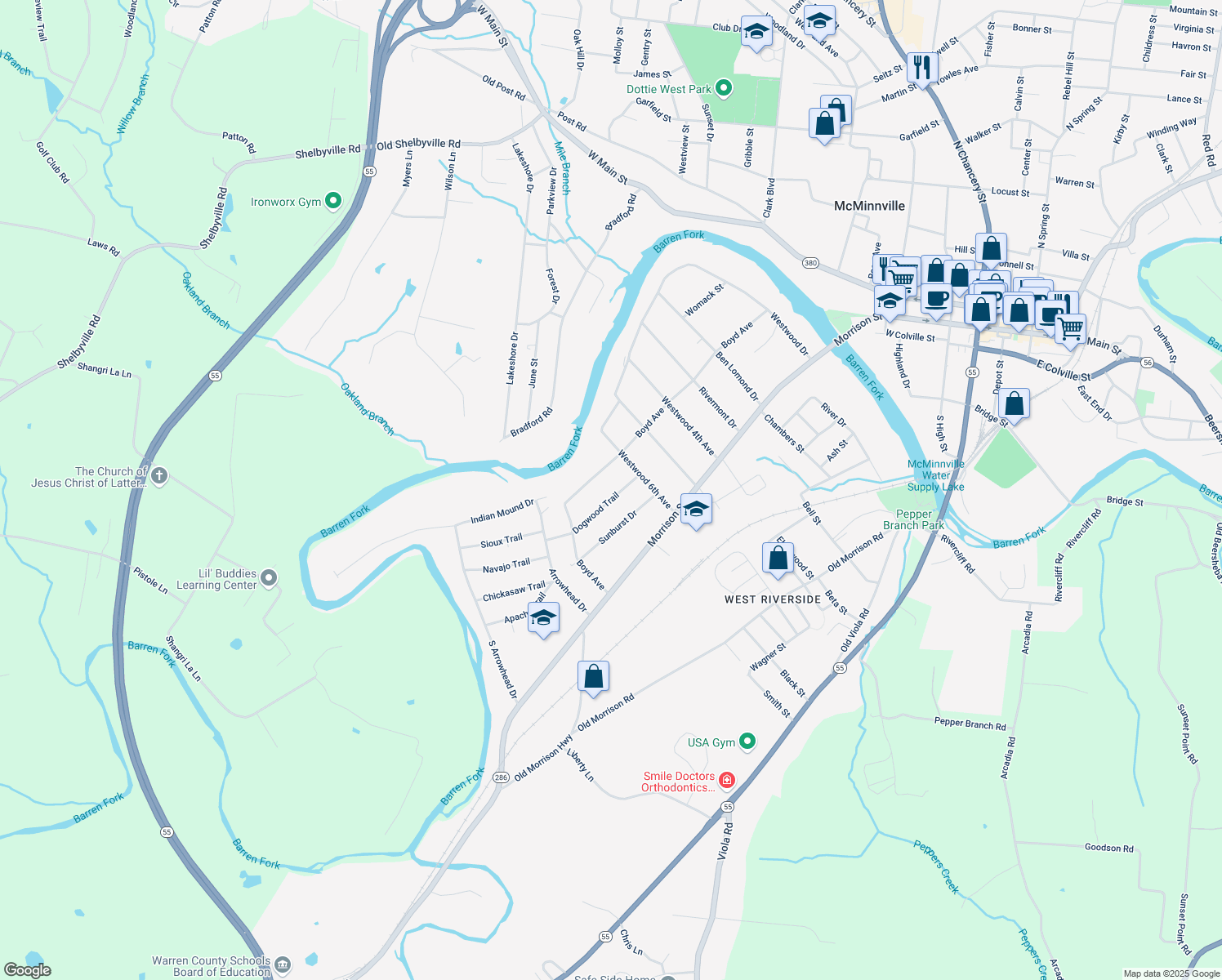 map of restaurants, bars, coffee shops, grocery stores, and more near 618 Dogwood Trail in McMinnville