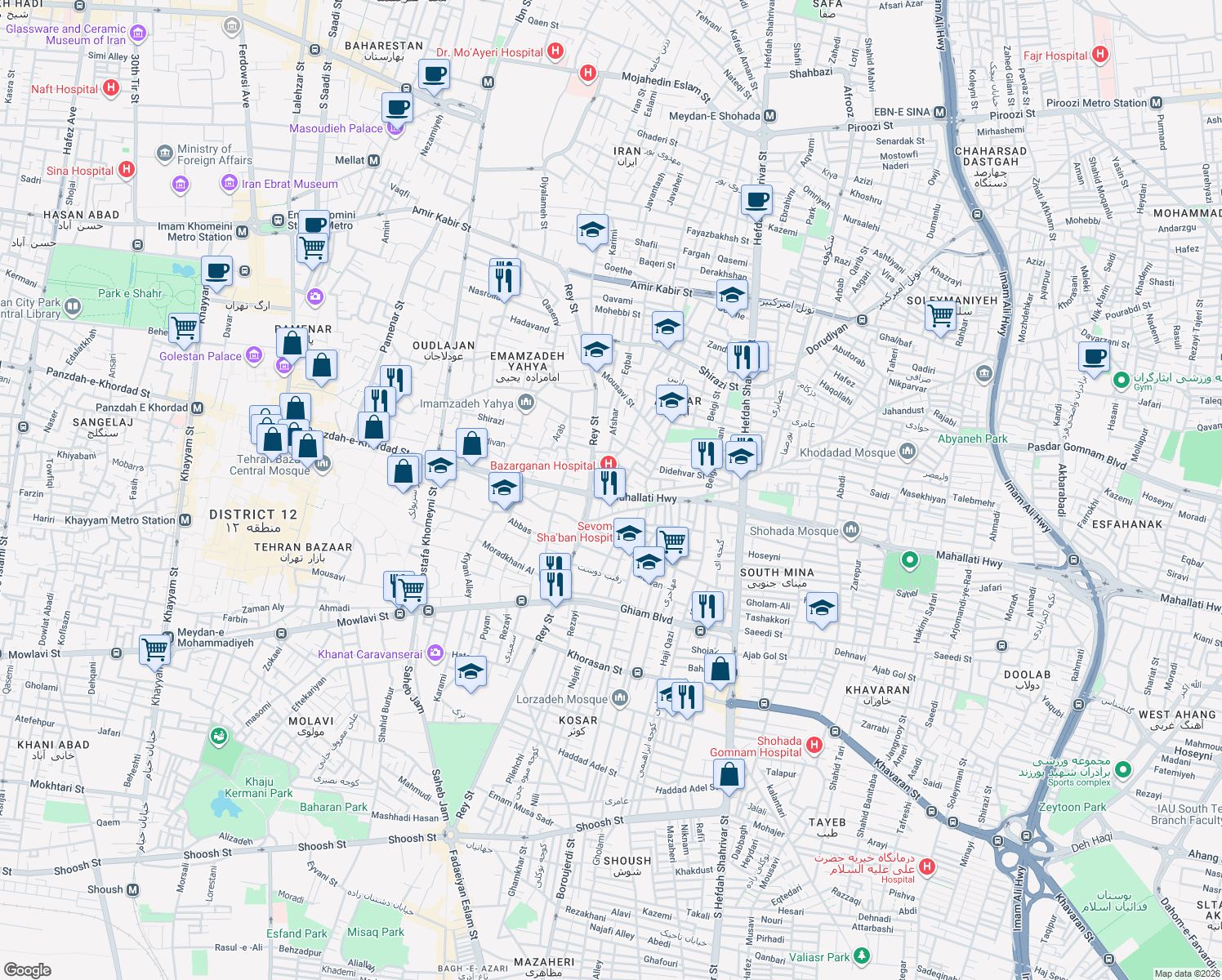 map of restaurants, bars, coffee shops, grocery stores, and more near Andarzgoo in Tehran