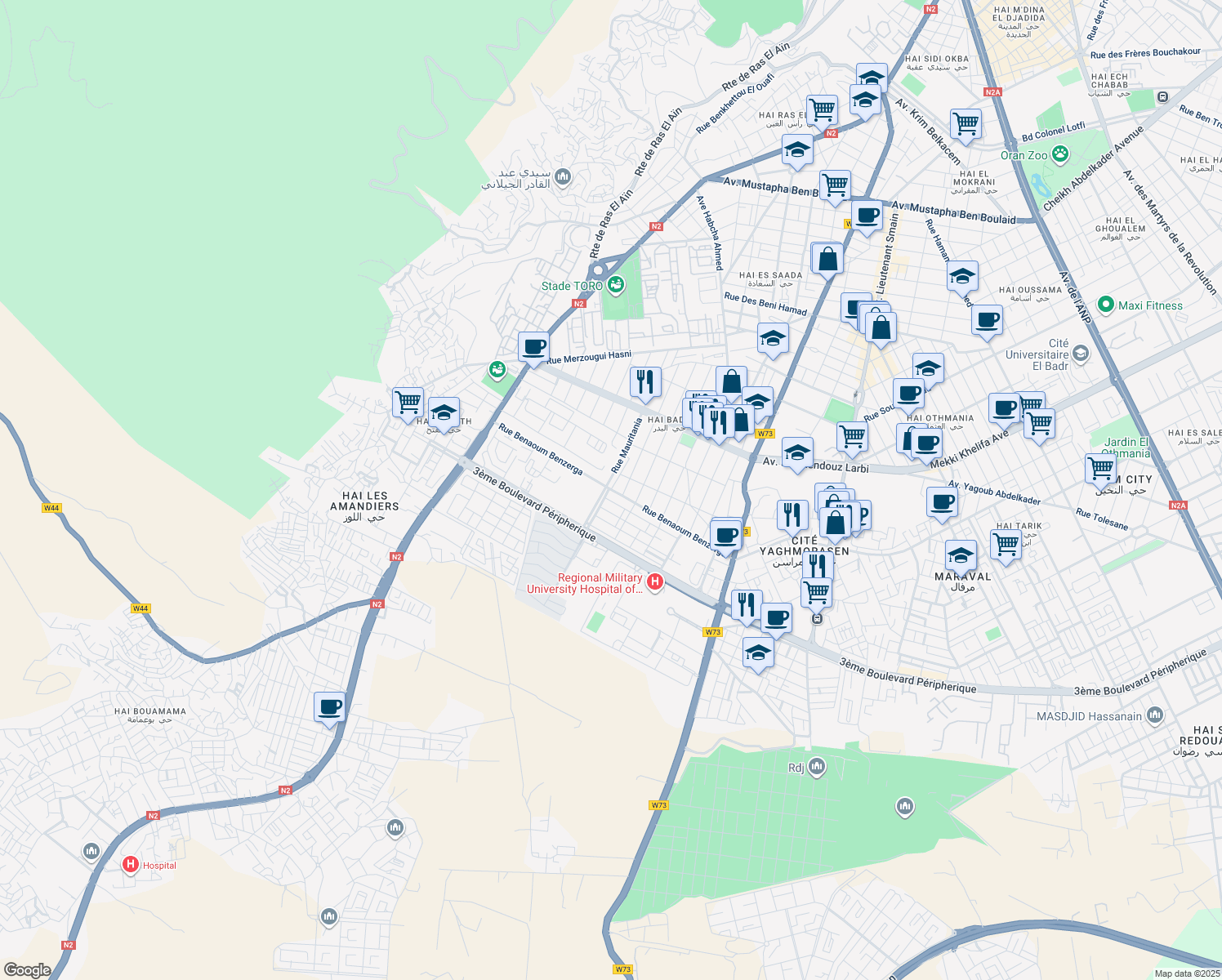 map of restaurants, bars, coffee shops, grocery stores, and more near Rue Benaoum Benzerga in Oran