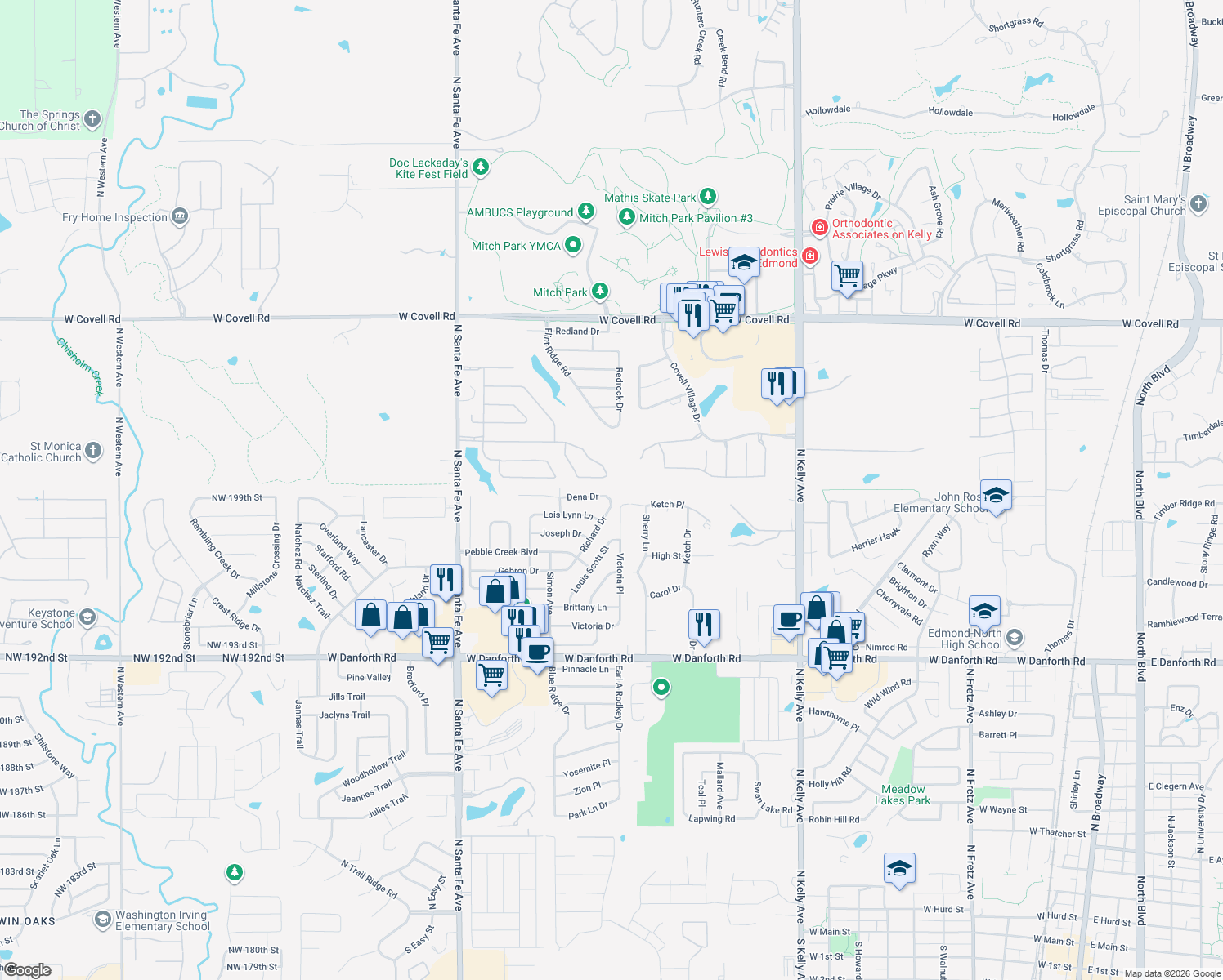 map of restaurants, bars, coffee shops, grocery stores, and more near 1701 Dena Drive in Edmond