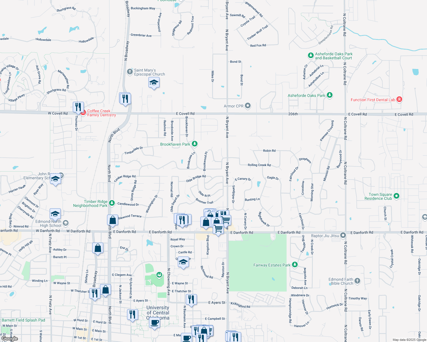 map of restaurants, bars, coffee shops, grocery stores, and more near 1304 Brookhaven Drive in Edmond