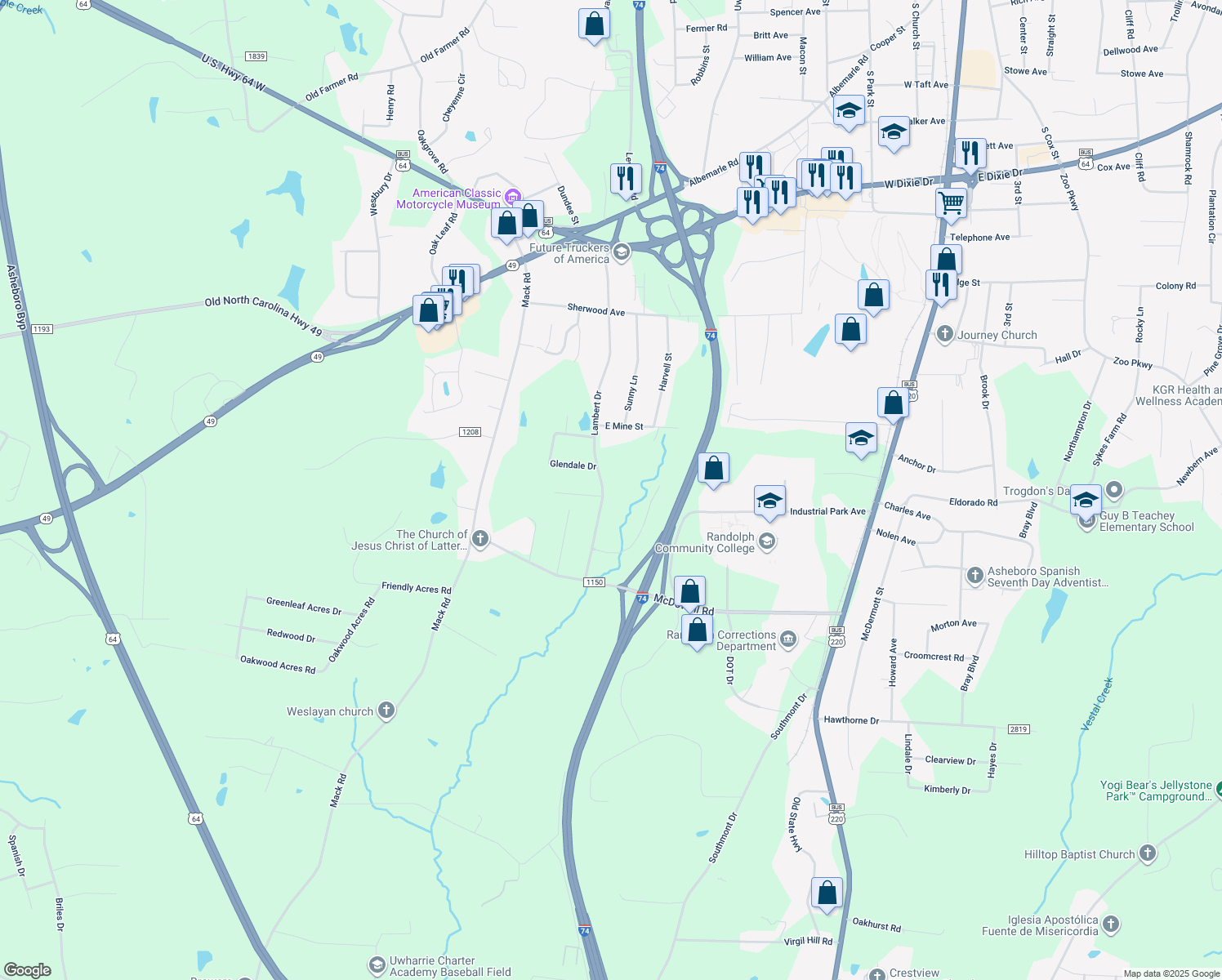 map of restaurants, bars, coffee shops, grocery stores, and more near 2301 Lambert Drive in Asheboro