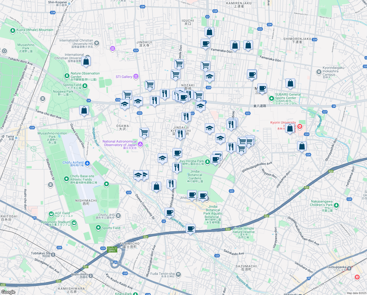 map of restaurants, bars, coffee shops, grocery stores, and more near in Chofu