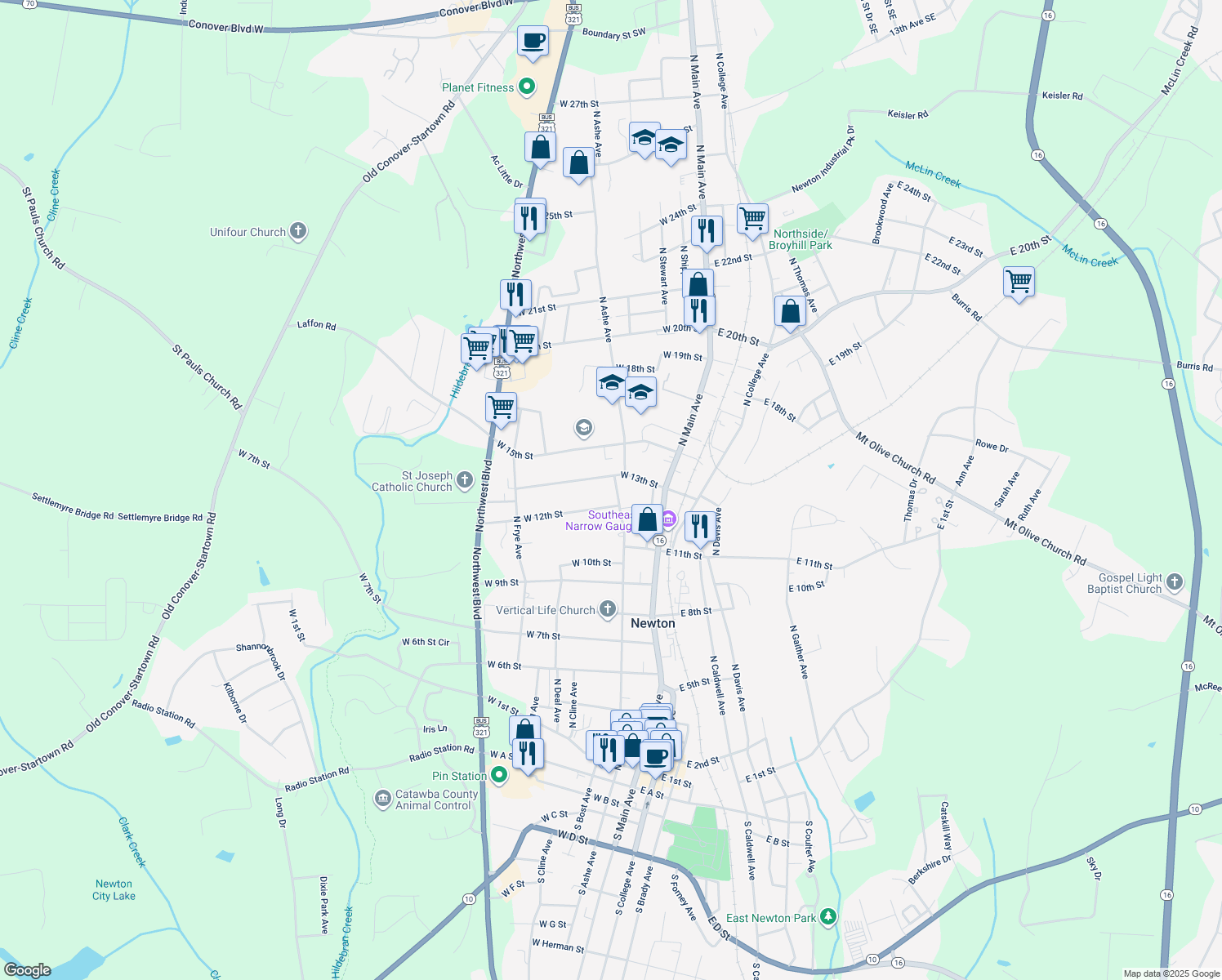 map of restaurants, bars, coffee shops, grocery stores, and more near 1216 N Ashe Ave in Newton
