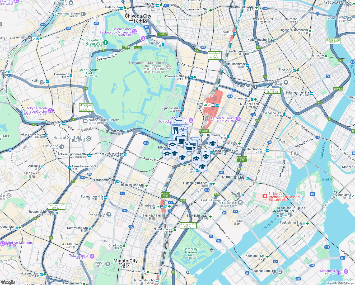 map of restaurants, bars, coffee shops, grocery stores, and more near in Chiyoda City