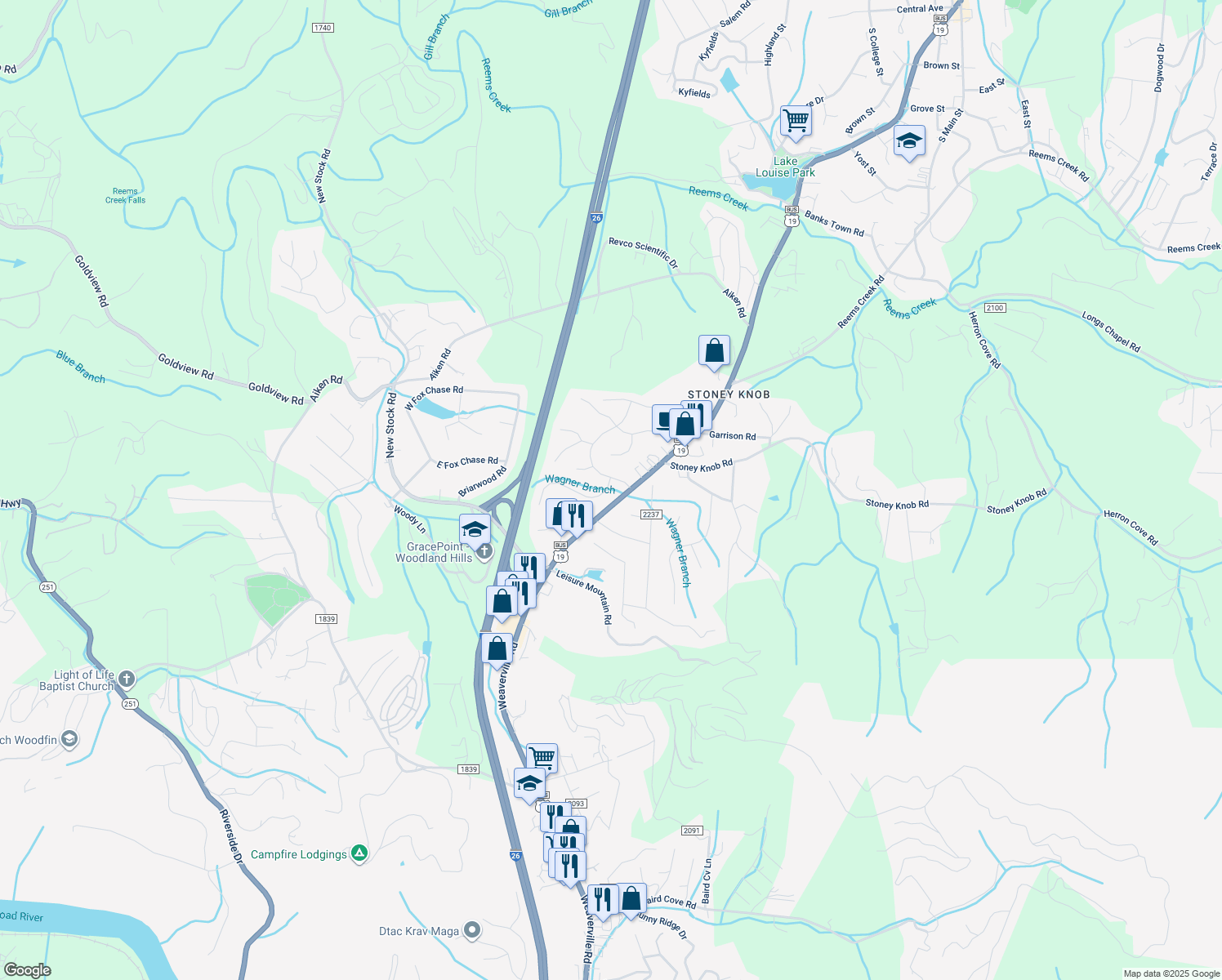 map of restaurants, bars, coffee shops, grocery stores, and more near 2 Marlwood Court in Asheville