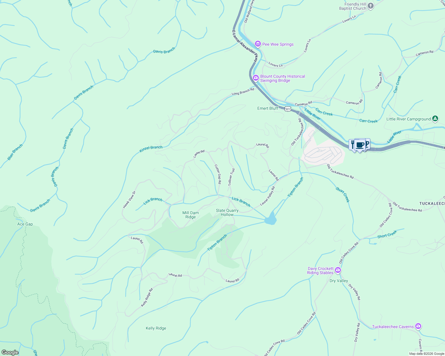 map of restaurants, bars, coffee shops, grocery stores, and more near 128 Cutter Gap Road in Townsend