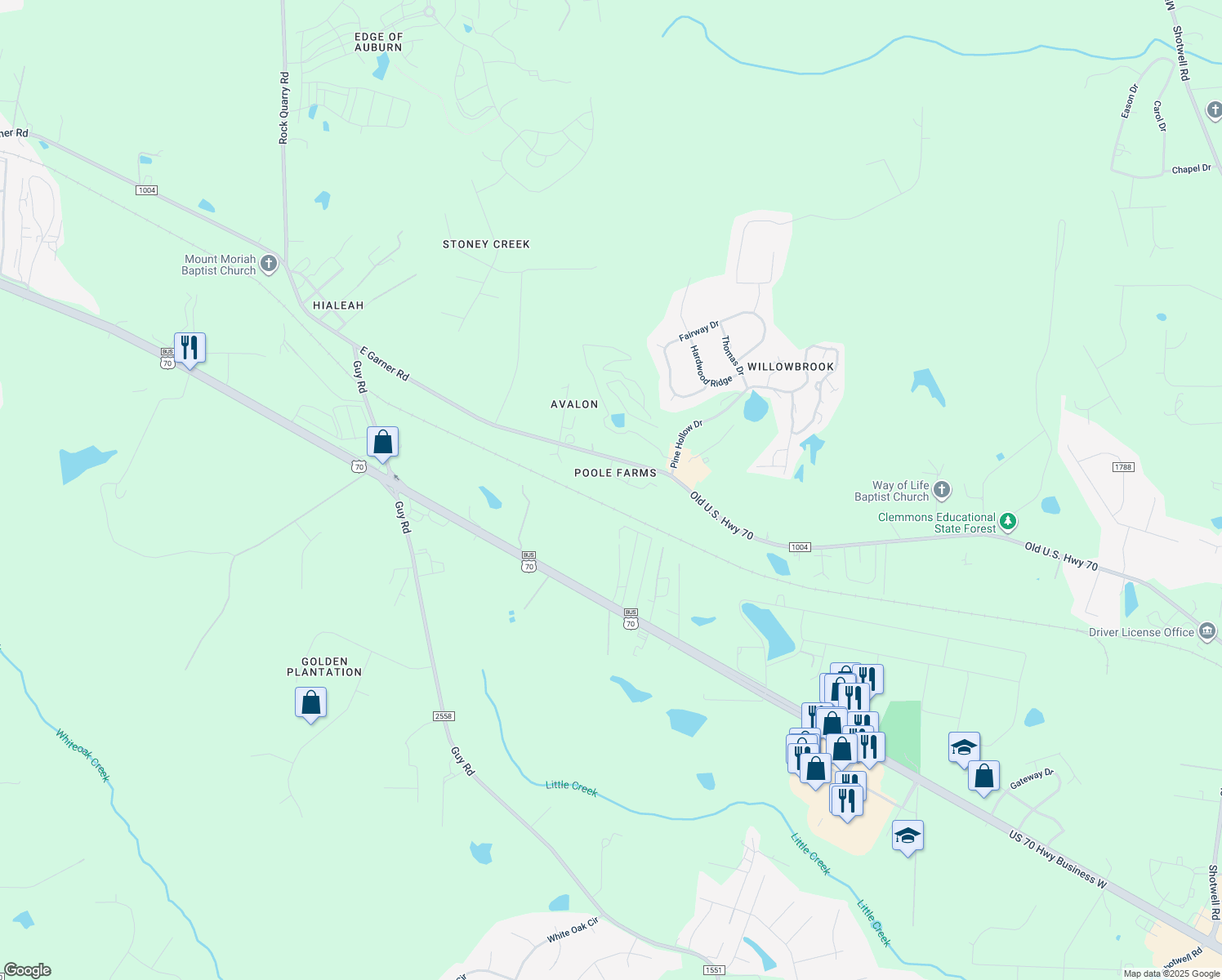 map of restaurants, bars, coffee shops, grocery stores, and more near 3916 Icana Poole Road in Clayton