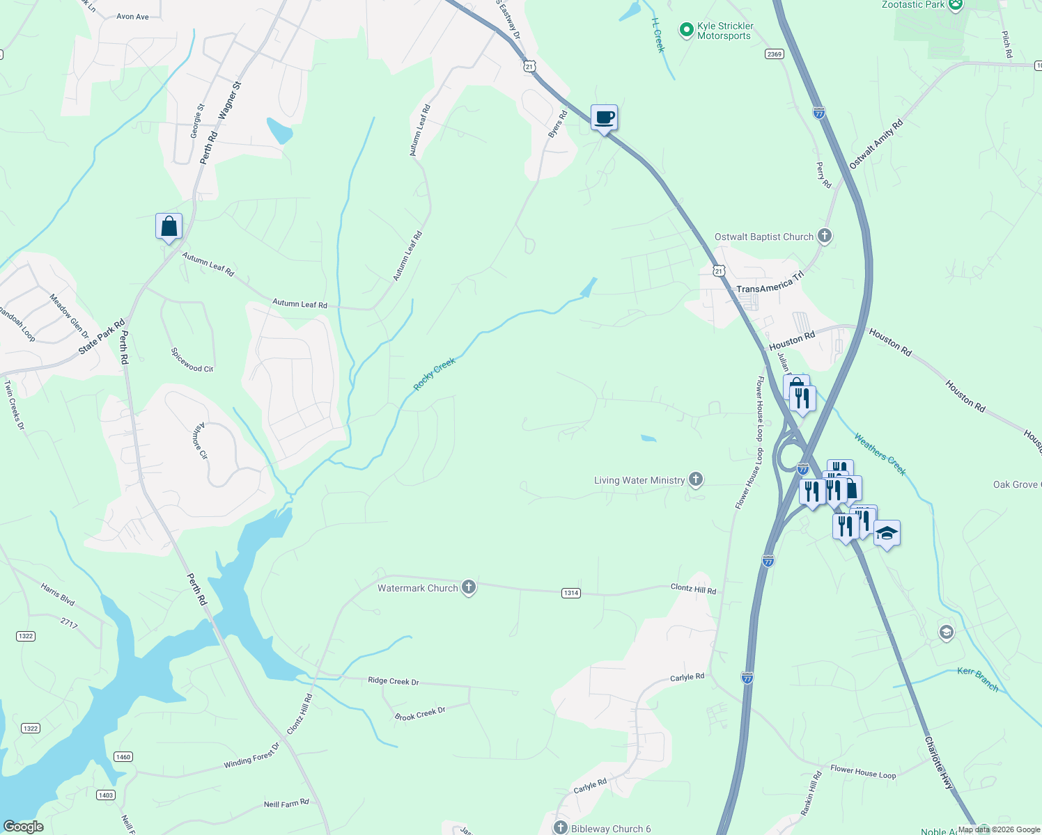 map of restaurants, bars, coffee shops, grocery stores, and more near 120 Nantz Woods Lane in Troutman