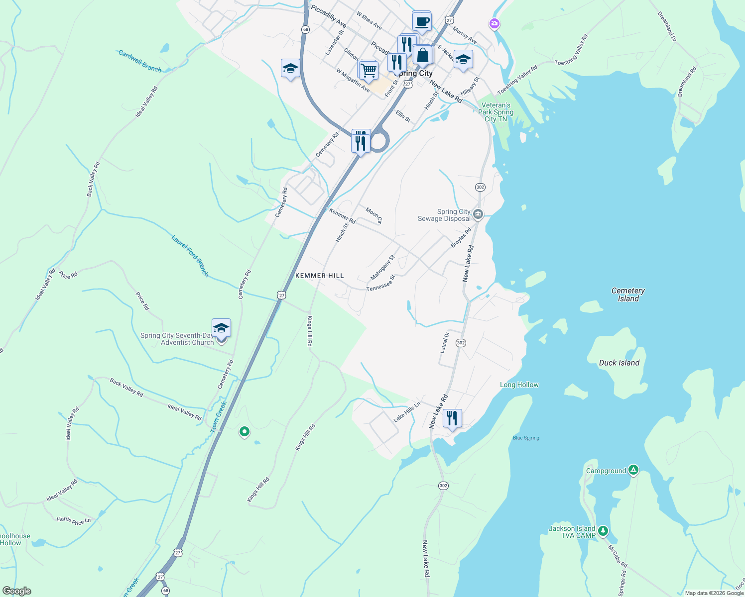 map of restaurants, bars, coffee shops, grocery stores, and more near 441 Mahogany Street in Spring City