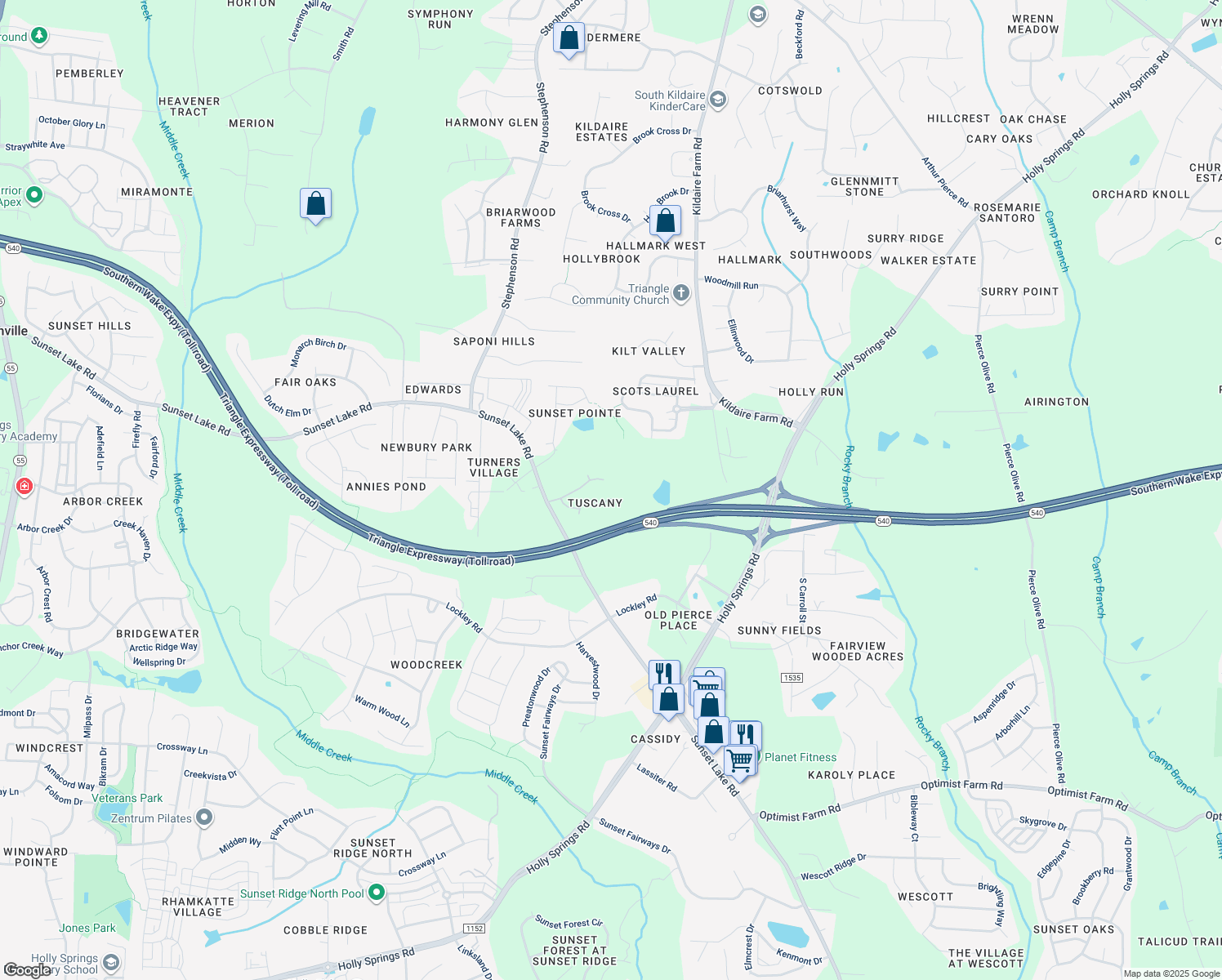 map of restaurants, bars, coffee shops, grocery stores, and more near 105 Bellagio Dr in Apex