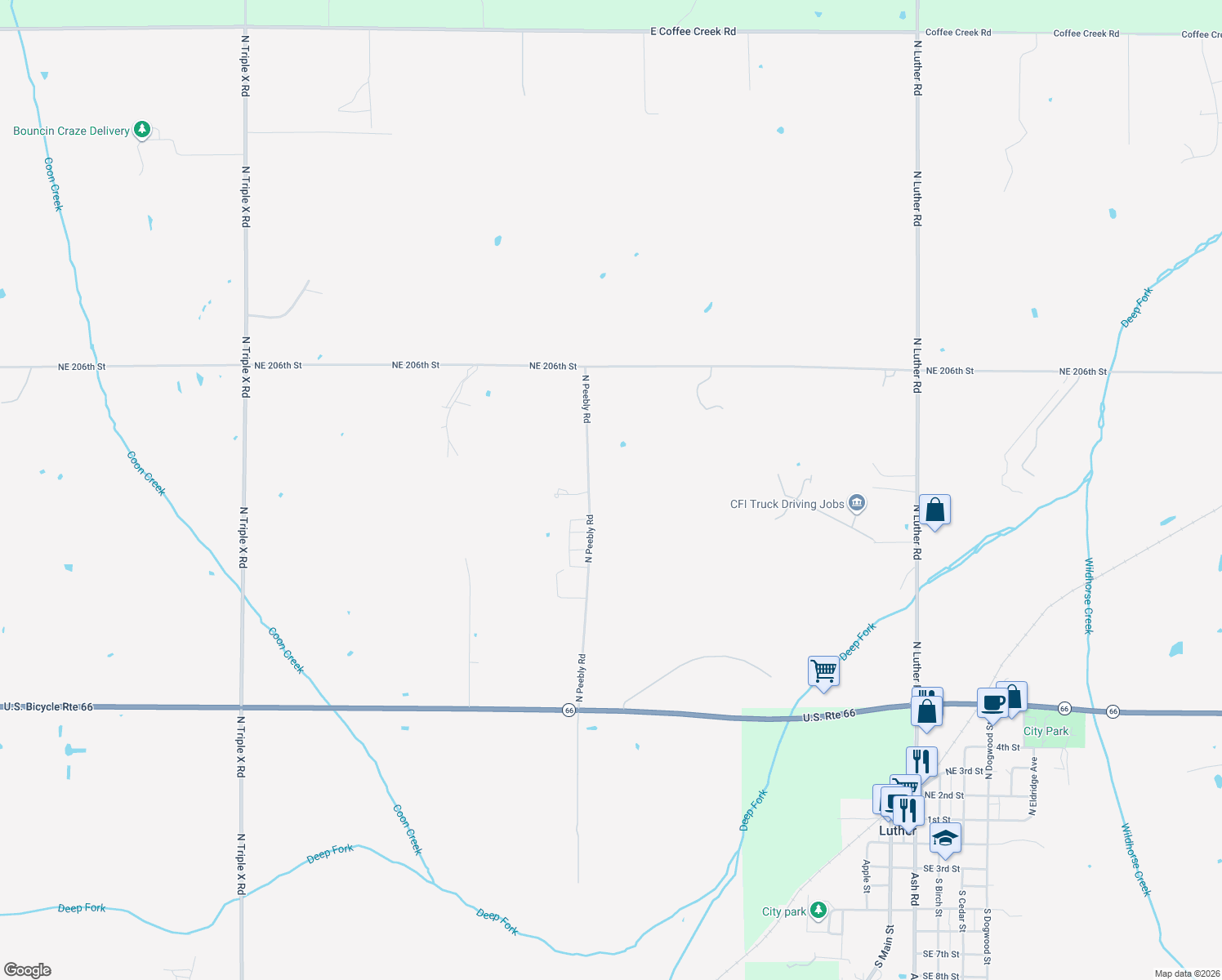 map of restaurants, bars, coffee shops, grocery stores, and more near 20000 North Peebly Road in Luther