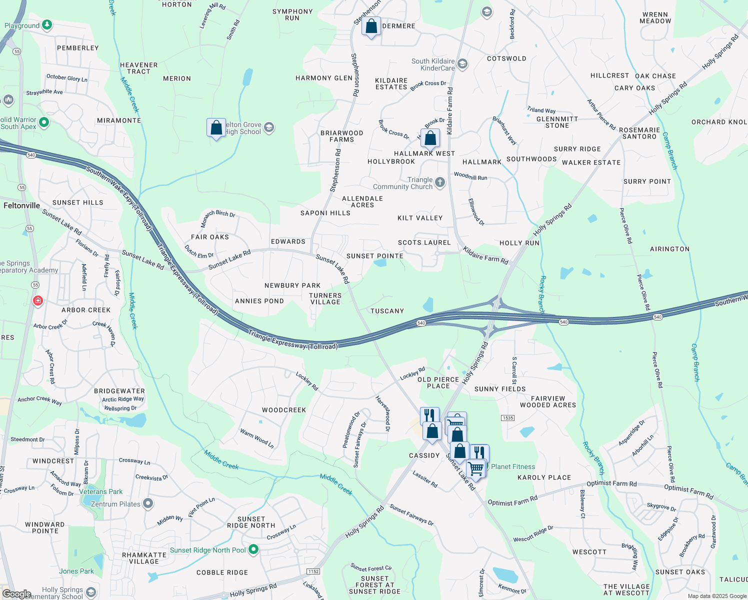 map of restaurants, bars, coffee shops, grocery stores, and more near 208 Bellagio Drive in Apex
