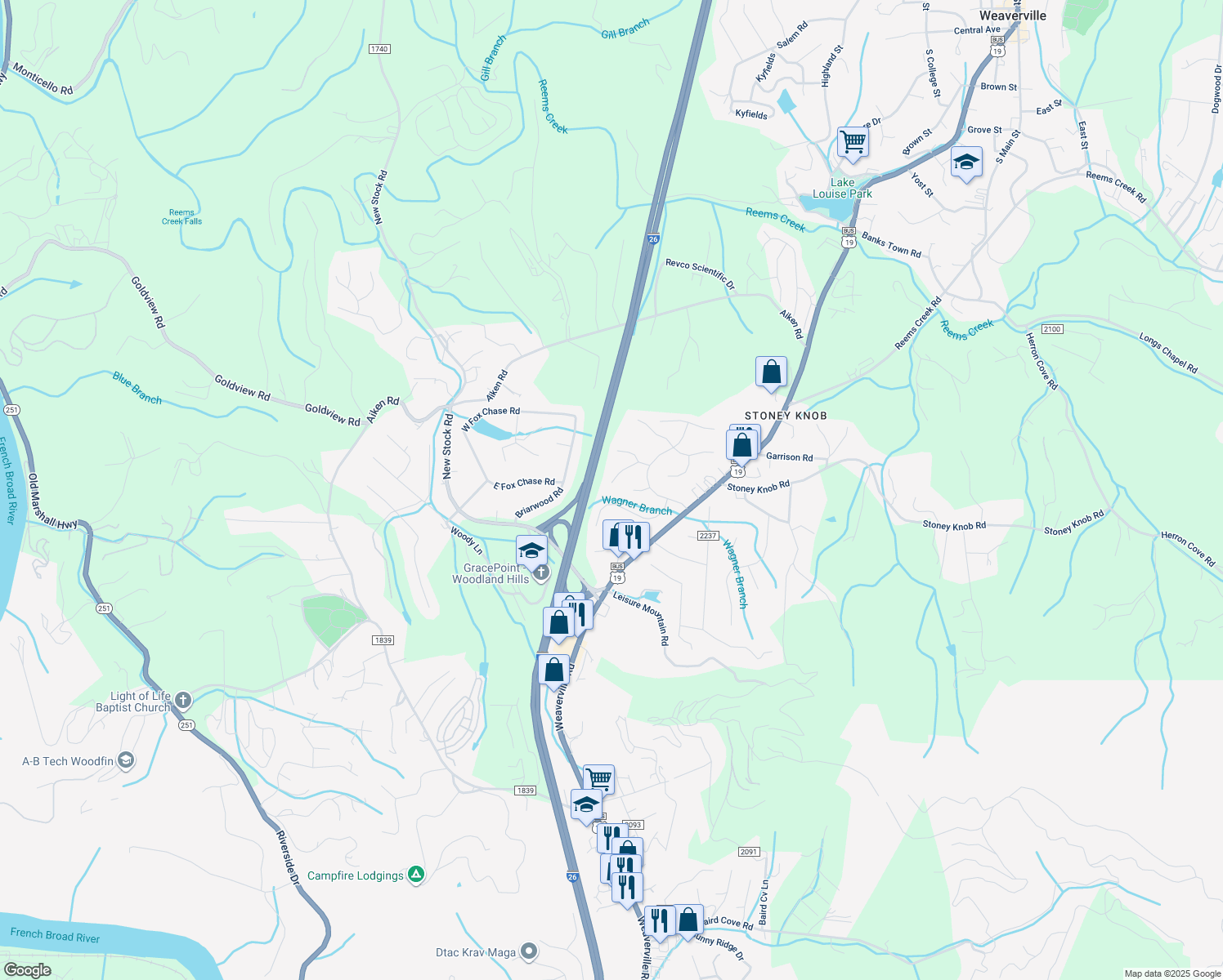 map of restaurants, bars, coffee shops, grocery stores, and more near 16 Westminster Dr in Asheville