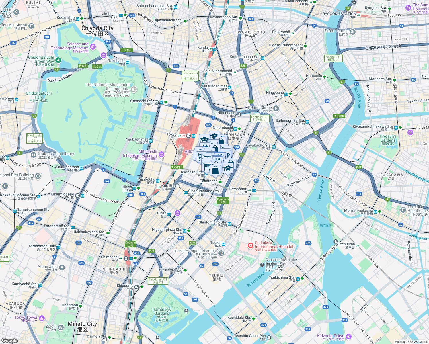 map of restaurants, bars, coffee shops, grocery stores, and more near in Chuo City