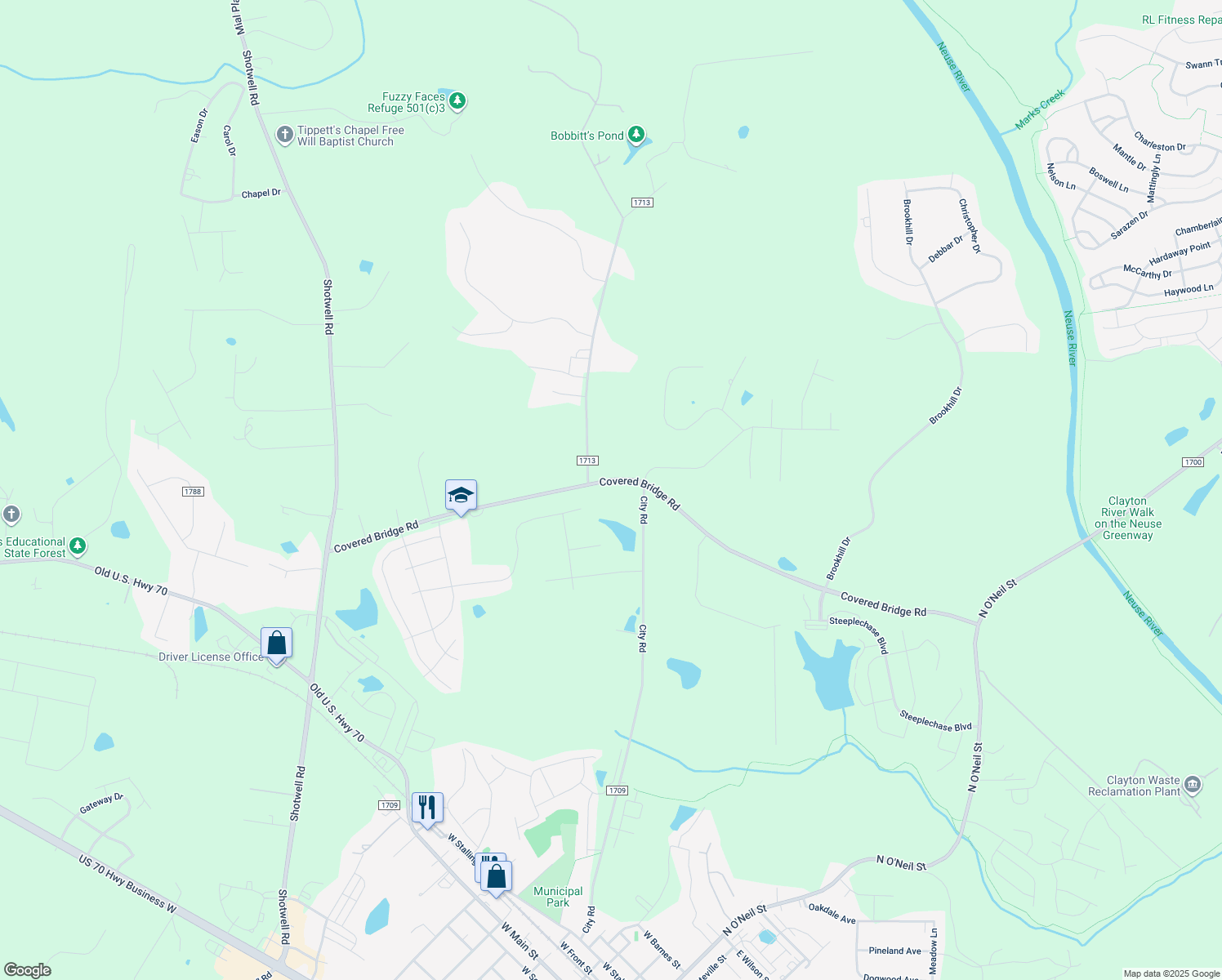 map of restaurants, bars, coffee shops, grocery stores, and more near 876 Covered Bridge Rd in Clayton