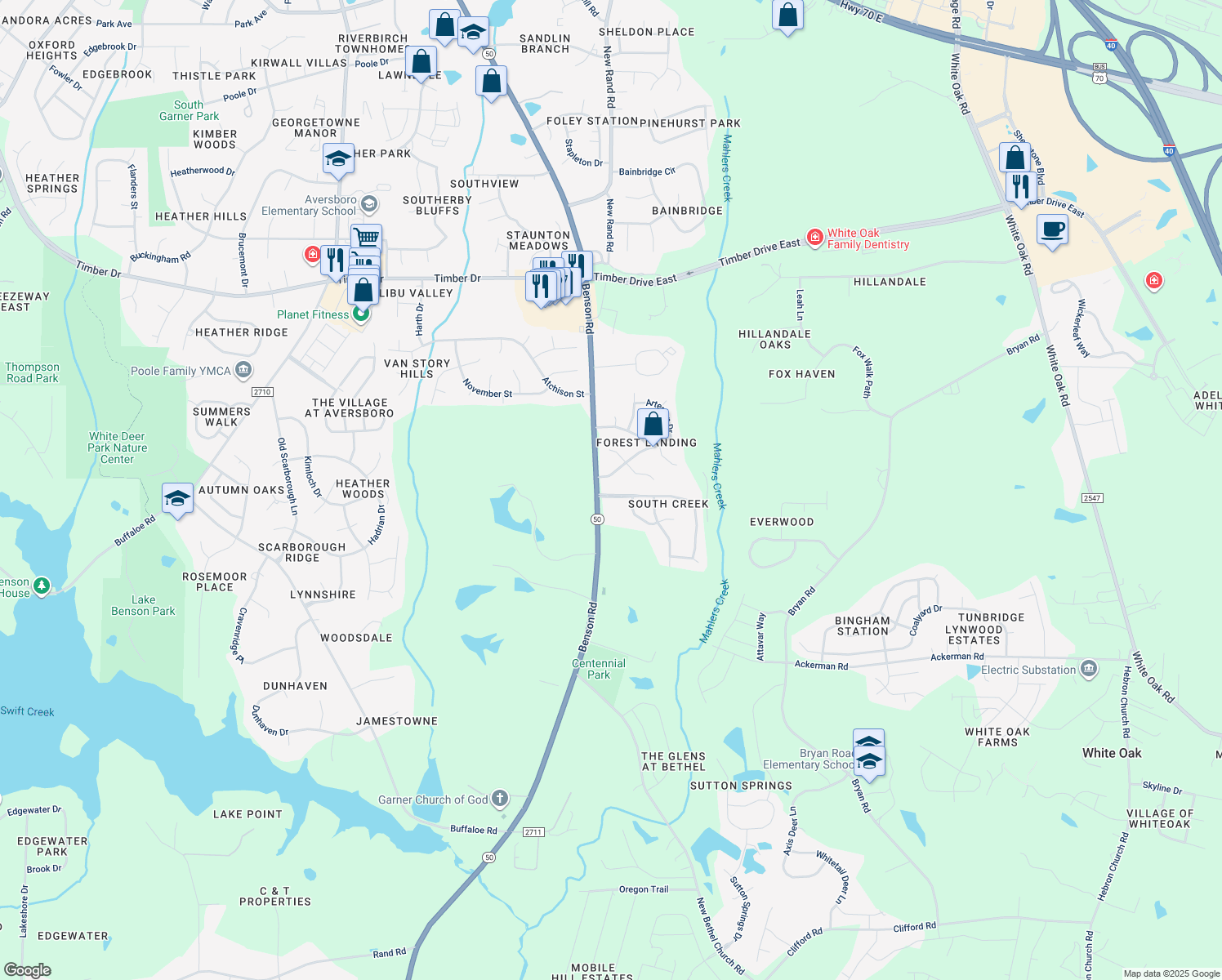 map of restaurants, bars, coffee shops, grocery stores, and more near 105 Foxbury Drive in Garner