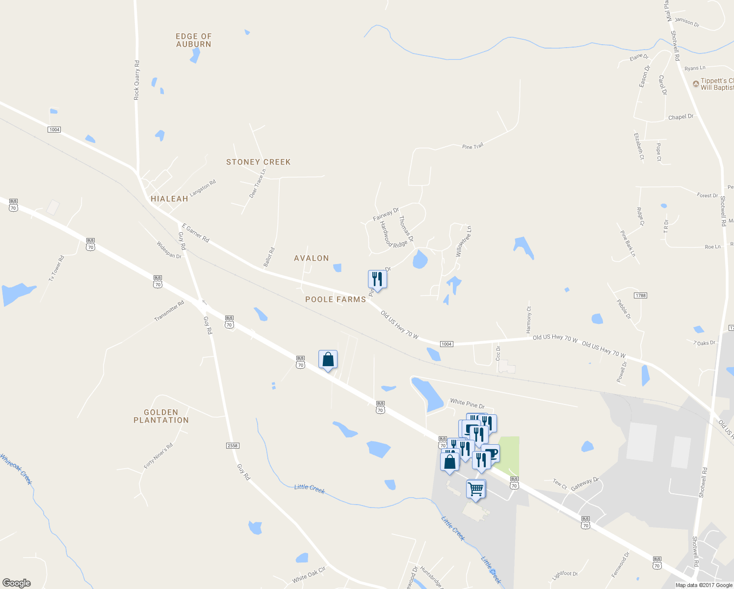 map of restaurants, bars, coffee shops, grocery stores, and more near 3728 Pine Hollow Drive in Clayton