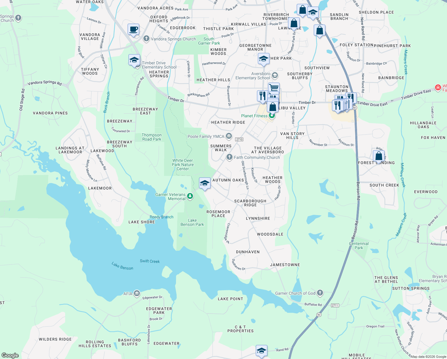map of restaurants, bars, coffee shops, grocery stores, and more near 116 Oldefield Lane in Garner