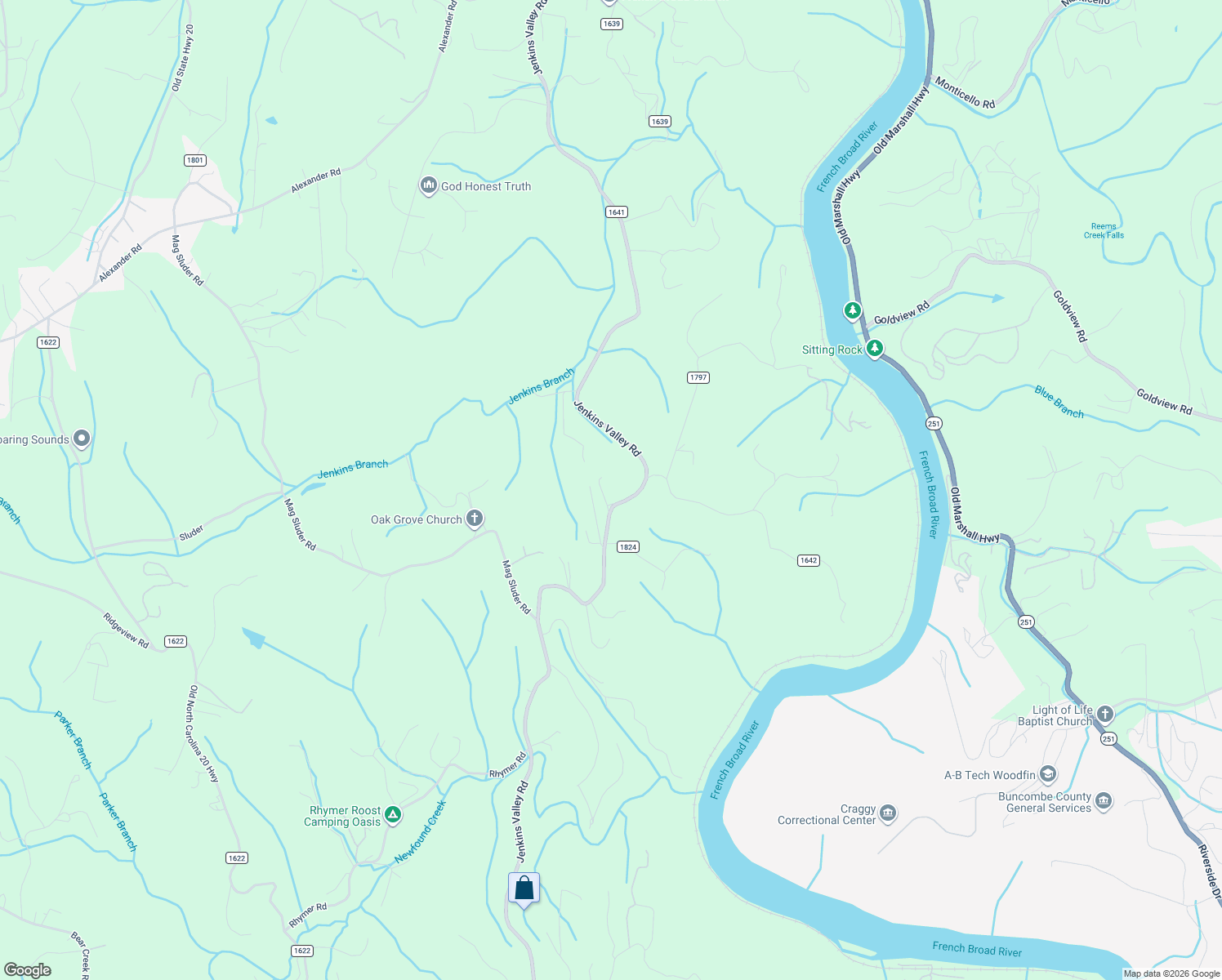 map of restaurants, bars, coffee shops, grocery stores, and more near 727 Jenkins Valley Road in Alexander
