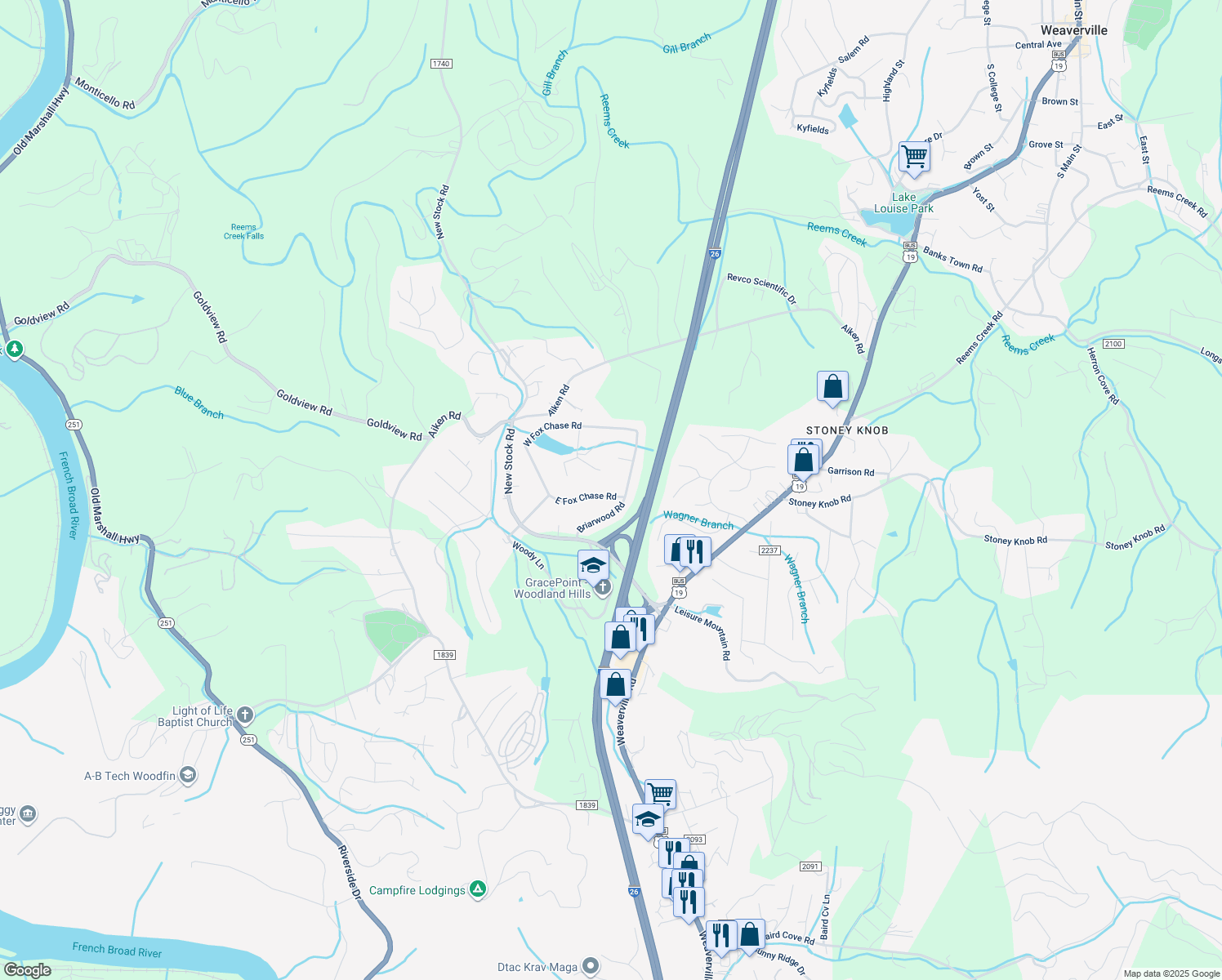 map of restaurants, bars, coffee shops, grocery stores, and more near 7 East Fox Chase Road in Asheville