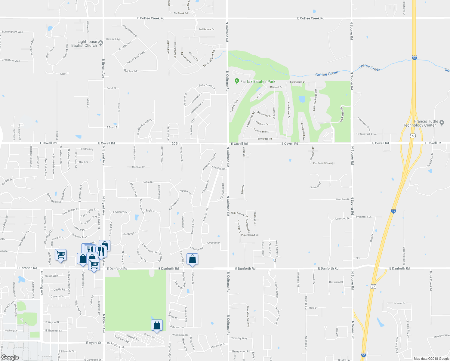 map of restaurants, bars, coffee shops, grocery stores, and more near 2240 Berrywood Drive in Edmond