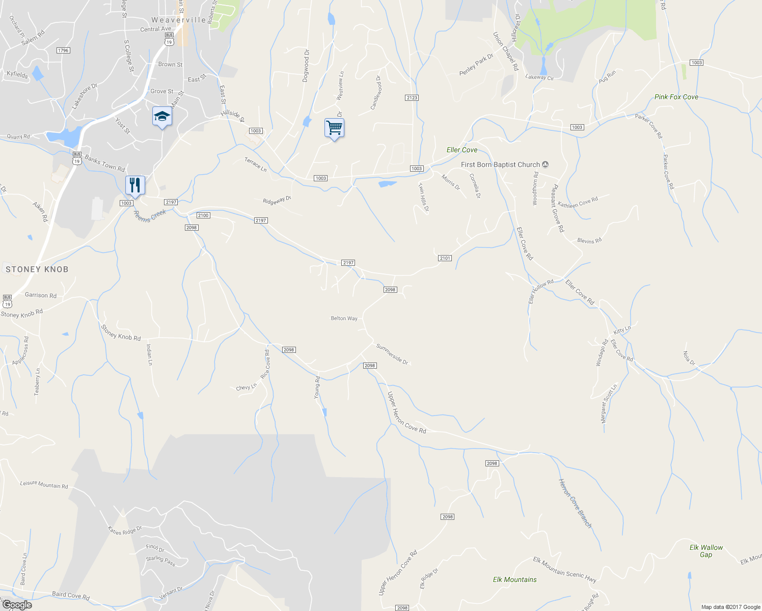 map of restaurants, bars, coffee shops, grocery stores, and more near 269 Herron Cove Road in Weaverville