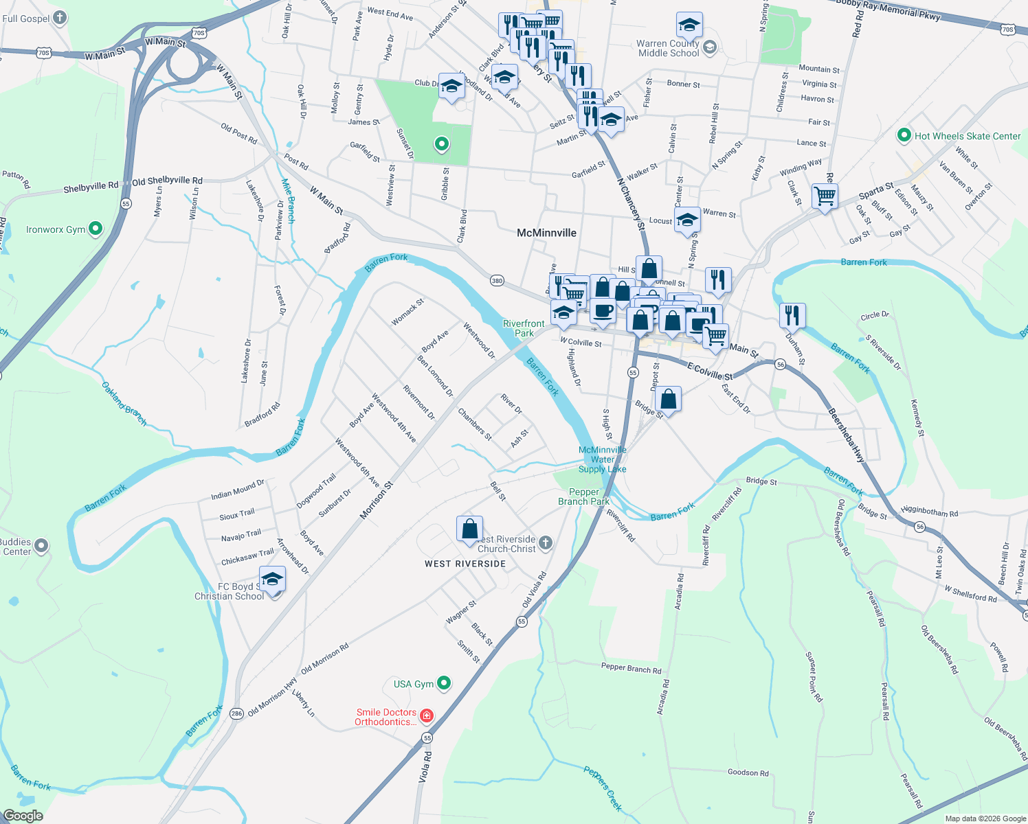 map of restaurants, bars, coffee shops, grocery stores, and more near 218 River Drive in McMinnville