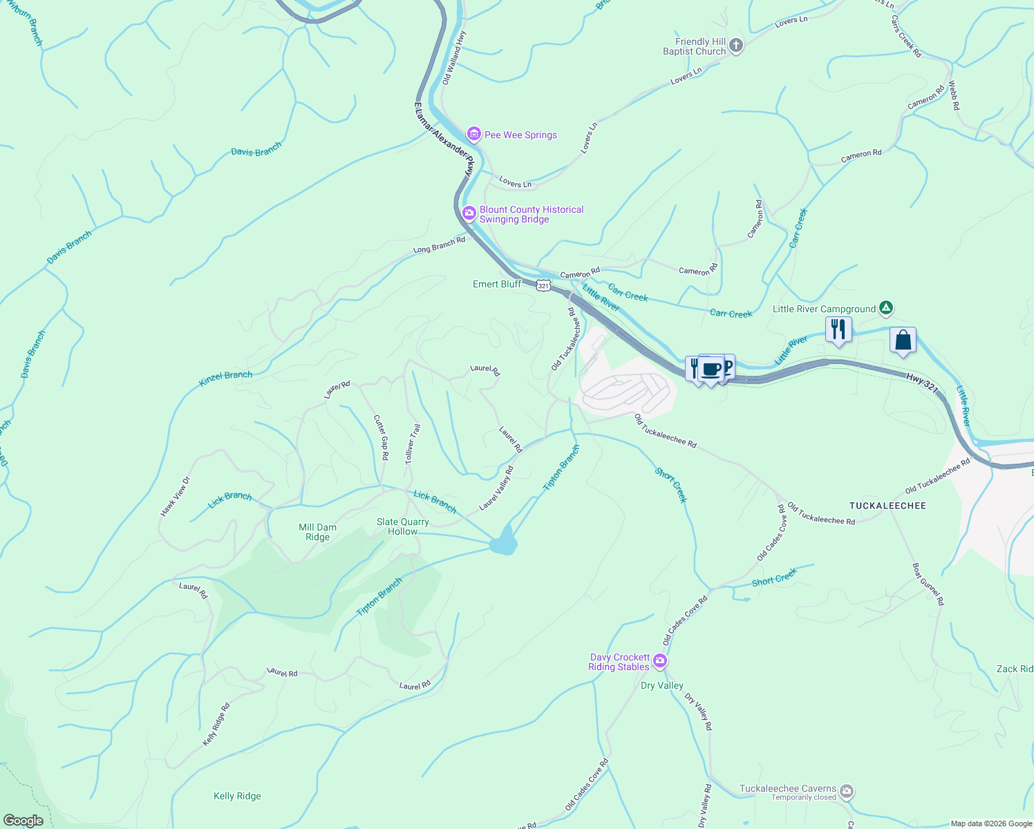 map of restaurants, bars, coffee shops, grocery stores, and more near 121 White Oak Lane in Townsend