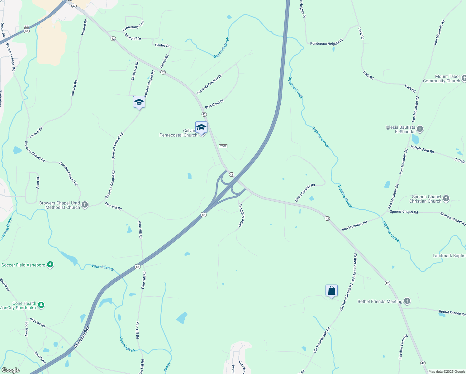 map of restaurants, bars, coffee shops, grocery stores, and more near 1785 Fleta Brown Road in Asheboro