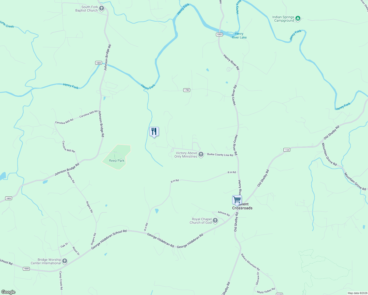map of restaurants, bars, coffee shops, grocery stores, and more near 7330 Burke County Line Road in Hickory