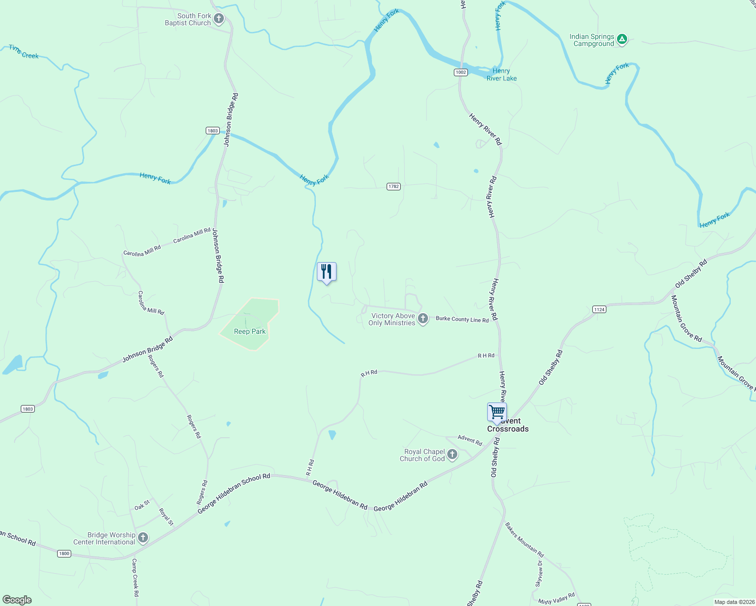 map of restaurants, bars, coffee shops, grocery stores, and more near 7330 Burke County Line Road in Hickory