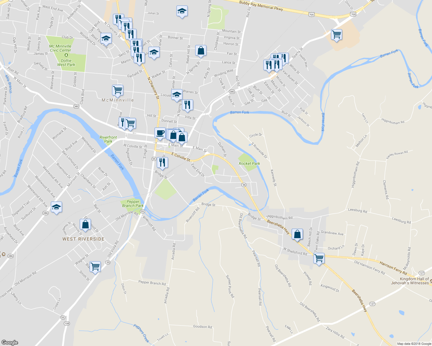 map of restaurants, bars, coffee shops, grocery stores, and more near 205 East End Drive in McMinnville