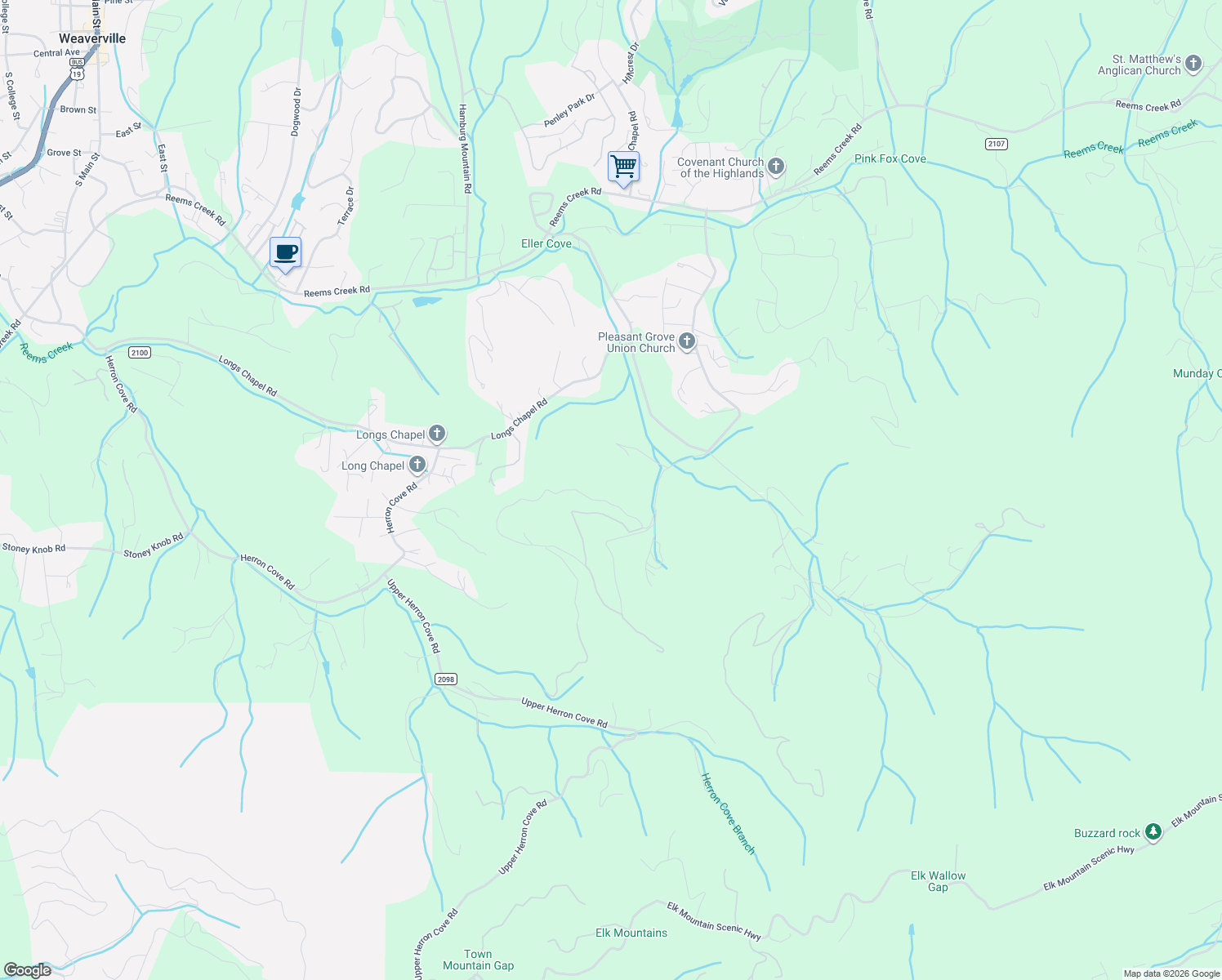 map of restaurants, bars, coffee shops, grocery stores, and more near 27 Eller Hollow Road in Weaverville