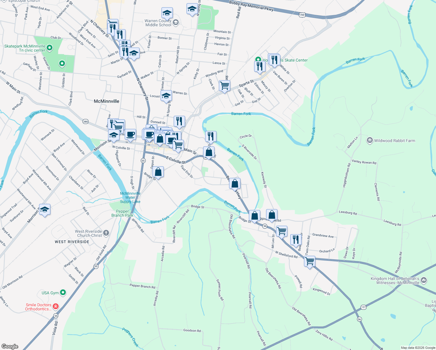 map of restaurants, bars, coffee shops, grocery stores, and more near 223 East End Drive in McMinnville