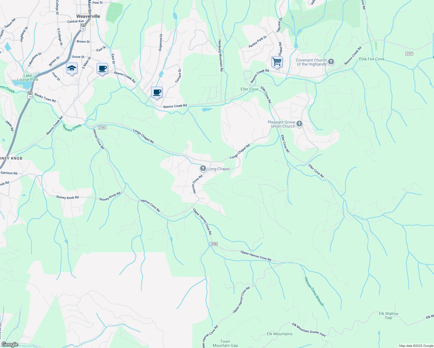 map of restaurants, bars, coffee shops, grocery stores, and more near 11 Coal Creek Lane in Weaverville