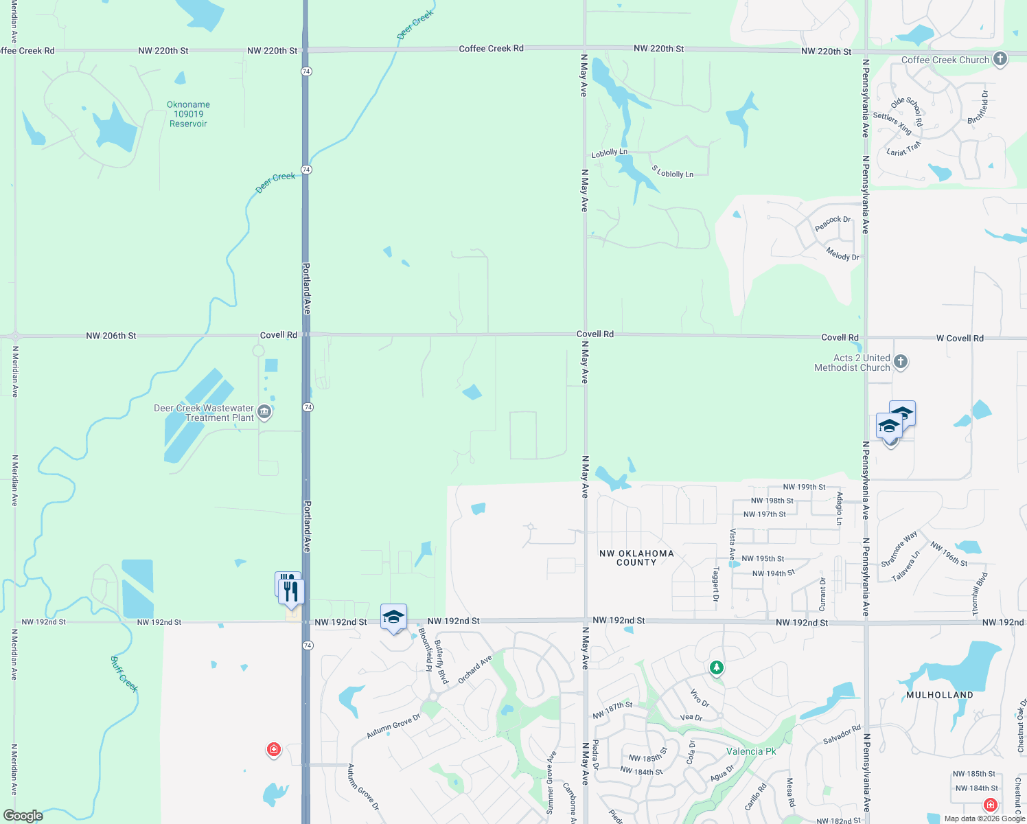 map of restaurants, bars, coffee shops, grocery stores, and more near 3177 Northwest 203rd Street in Edmond