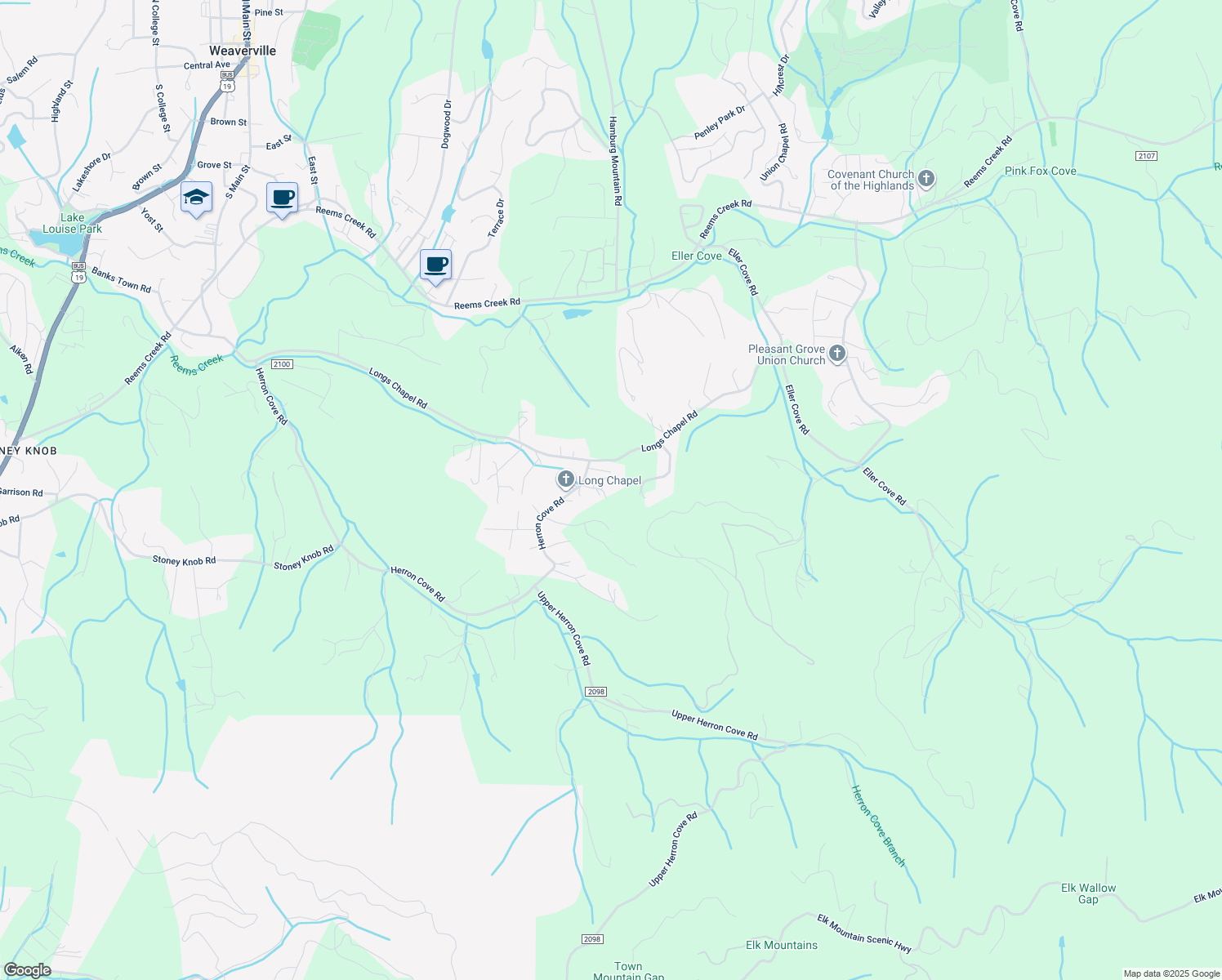 map of restaurants, bars, coffee shops, grocery stores, and more near 11 Coal Creek Lane in Weaverville