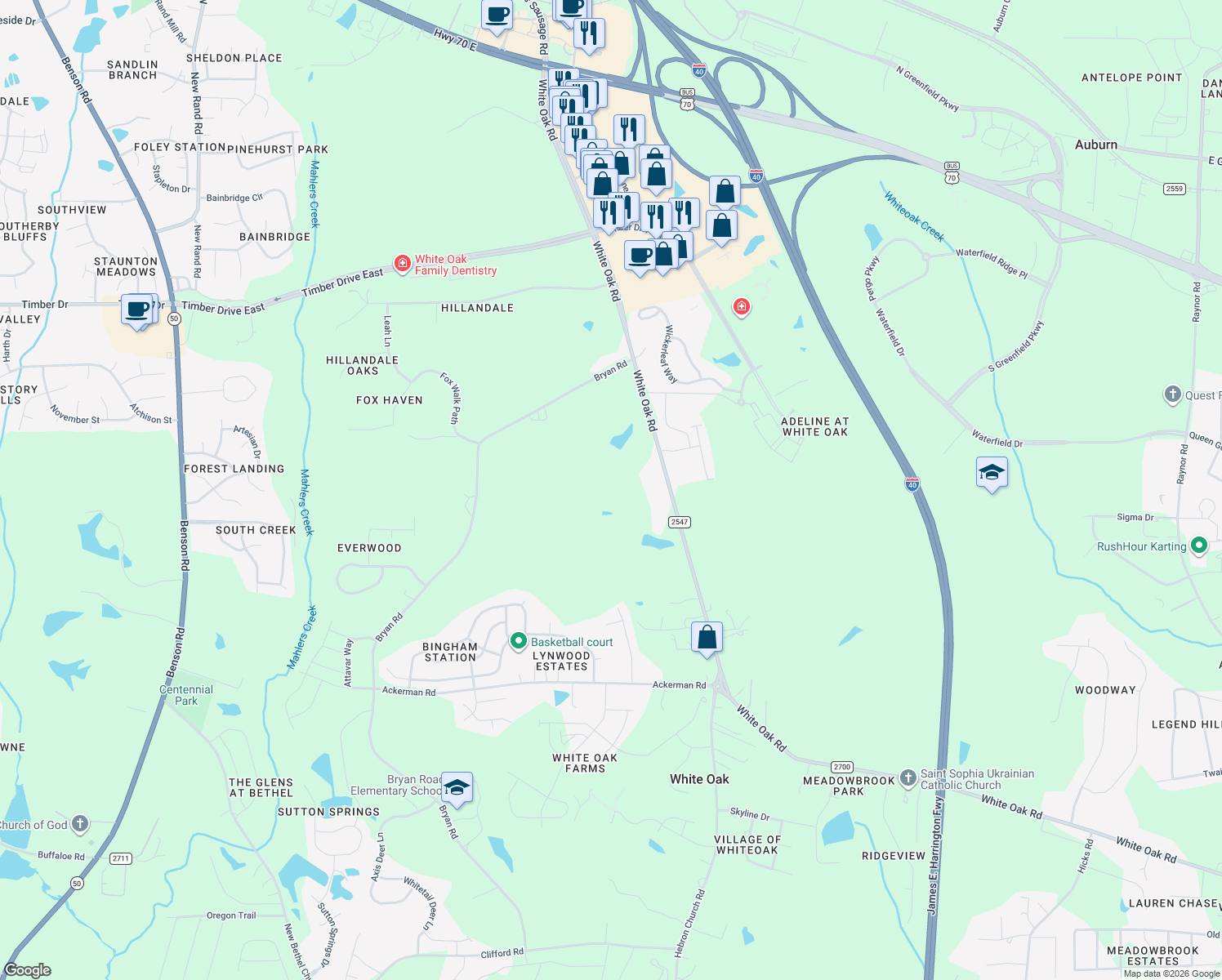 map of restaurants, bars, coffee shops, grocery stores, and more near 7626 White Oak Road in Garner