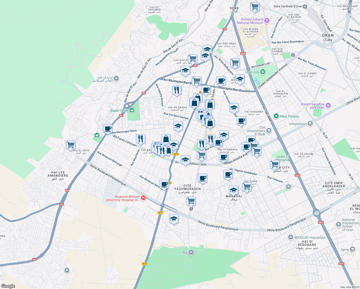 map of restaurants, bars, coffee shops, grocery stores, and more near Chakib Arslan Avenue in Oran